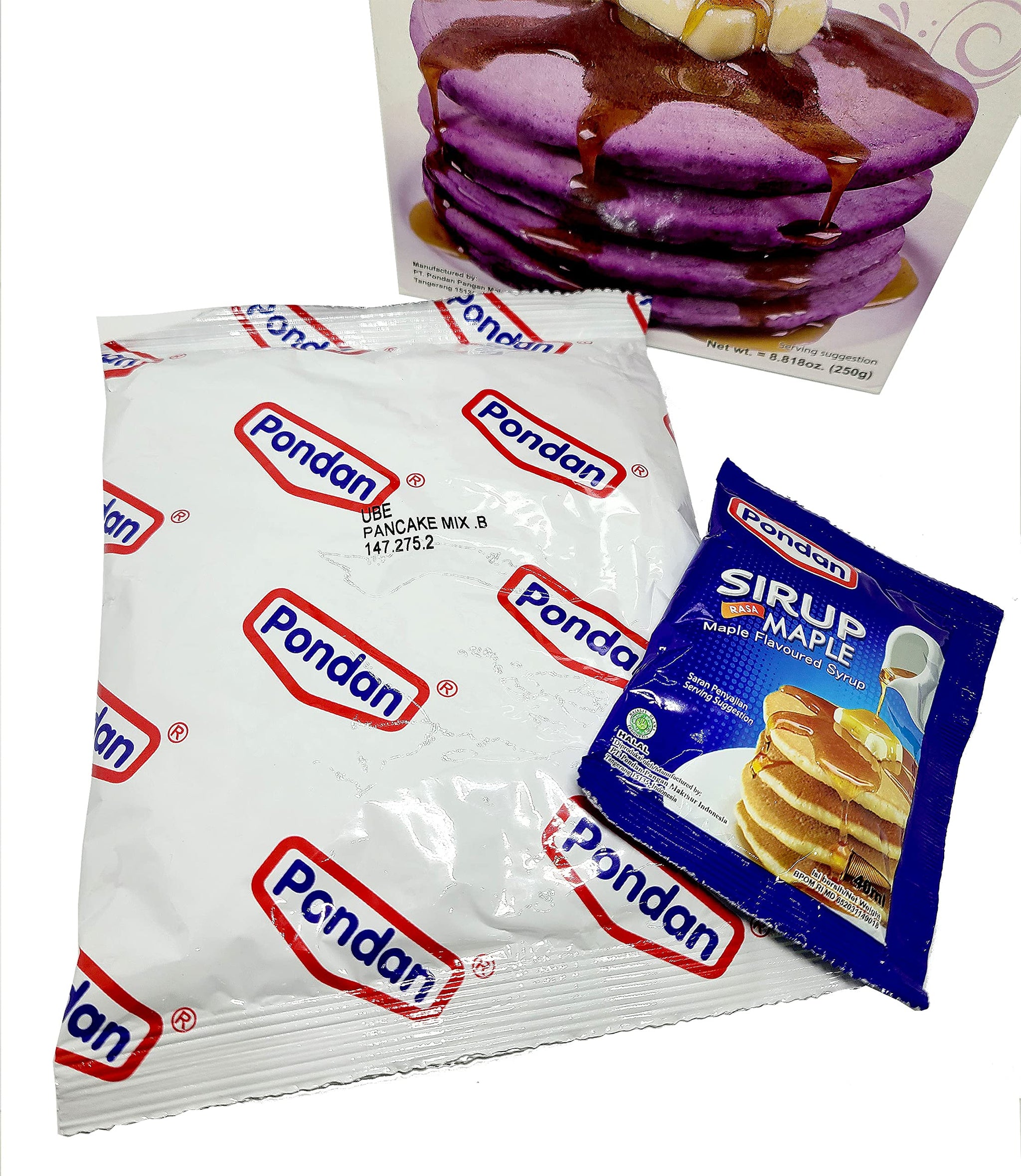 Pondan Ube Pancake Mix with Maple Flavored Syrup Set 8.818 Oz. (250 g) X 2 with Mini Stainless Steel Wire Whisk (3-Pc Set)