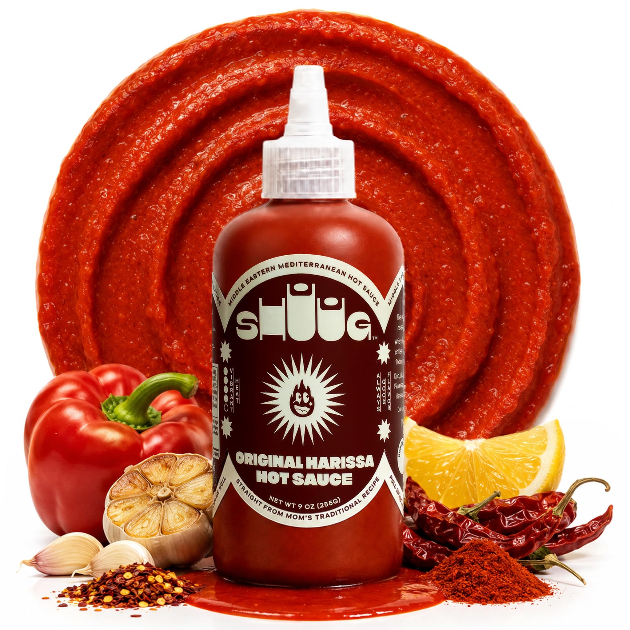SHUUG Harissa Sauce (9oz) | Hot & Spicy Red Pepper Flavor | Middle Eastern Harissa Paste Sauce with Dried Chilis, Lemon & Garlic | Vegan, Non-GMO