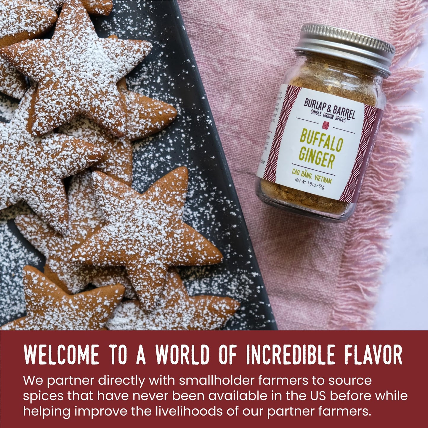 Burlap & Barrel Buffalo Ginger - Spicy, Fruity and Intense Heirloom Ginger Powder with a Bite - Add to Stir Fries, Soups, and Teas - 1.8oz Glass Jar