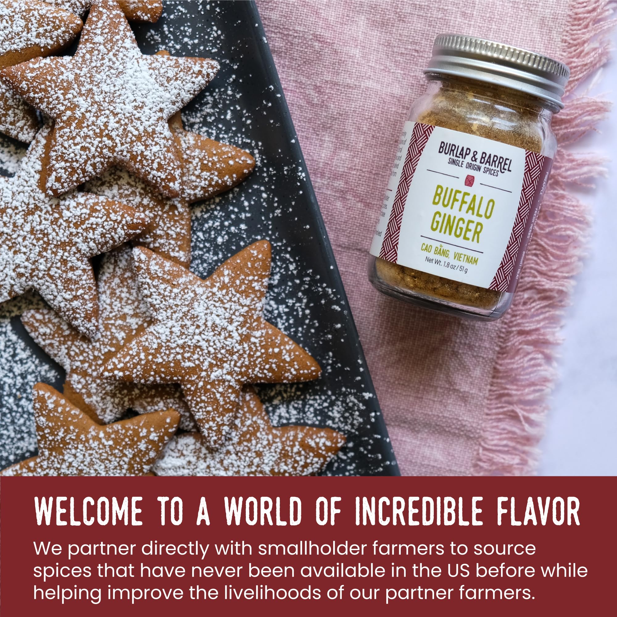 Burlap & Barrel Buffalo Ginger - Spicy, Fruity and Intense Heirloom Ginger Powder with a Bite - Add to Stir Fries, Soups, and Teas - 1.8oz Glass Jar