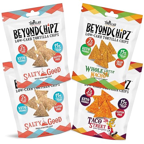 BeyondChipz Low Carb Tortilla Chips, Nacho Supreme Party Pack, Keto Friendly, Gluten Free, 5.3oz Bag, Pack of 4