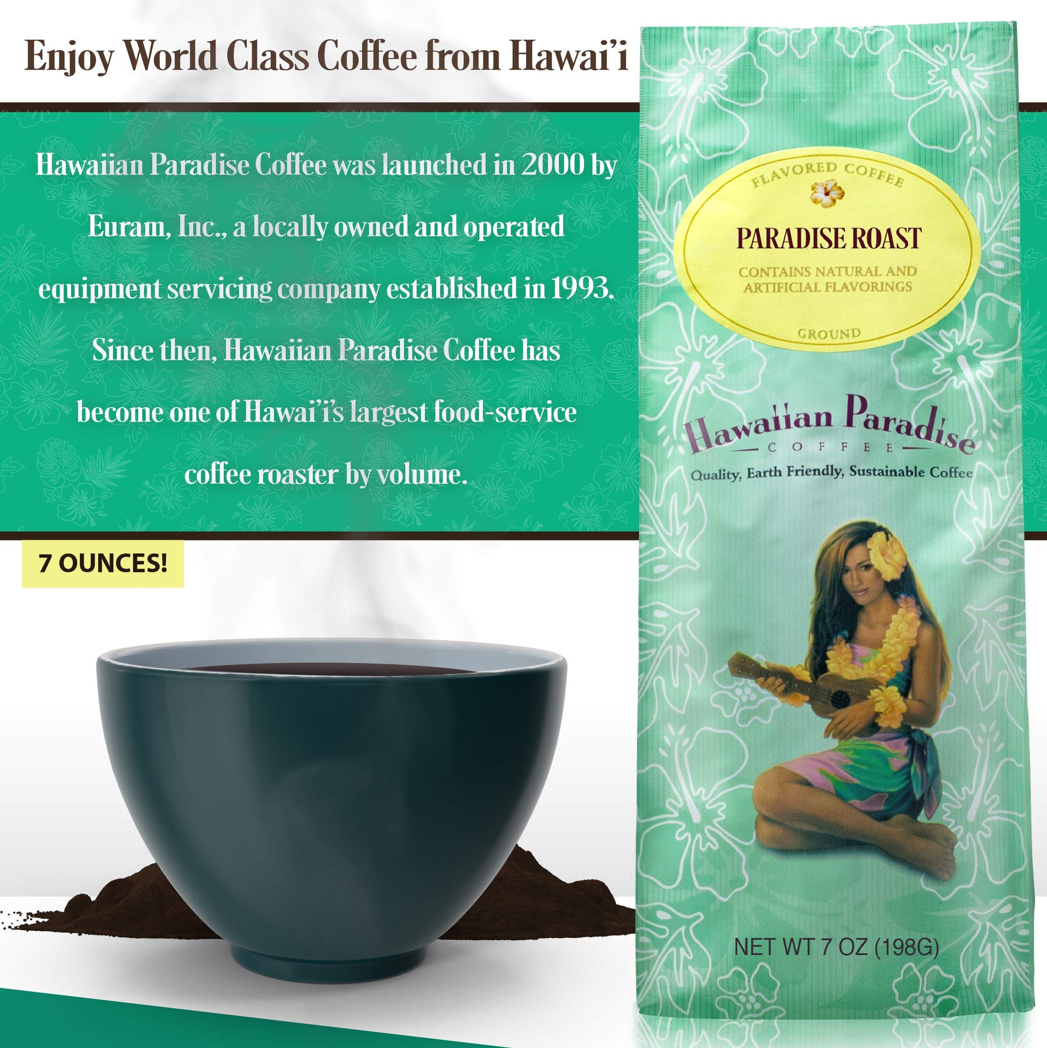 Hawaiian Paradise Coffee Medium Roast (7 OZ) World Class Premium Flavored Grounds Gourmet | Signature Brewed Made From the Finest Beans| Farm Fresh