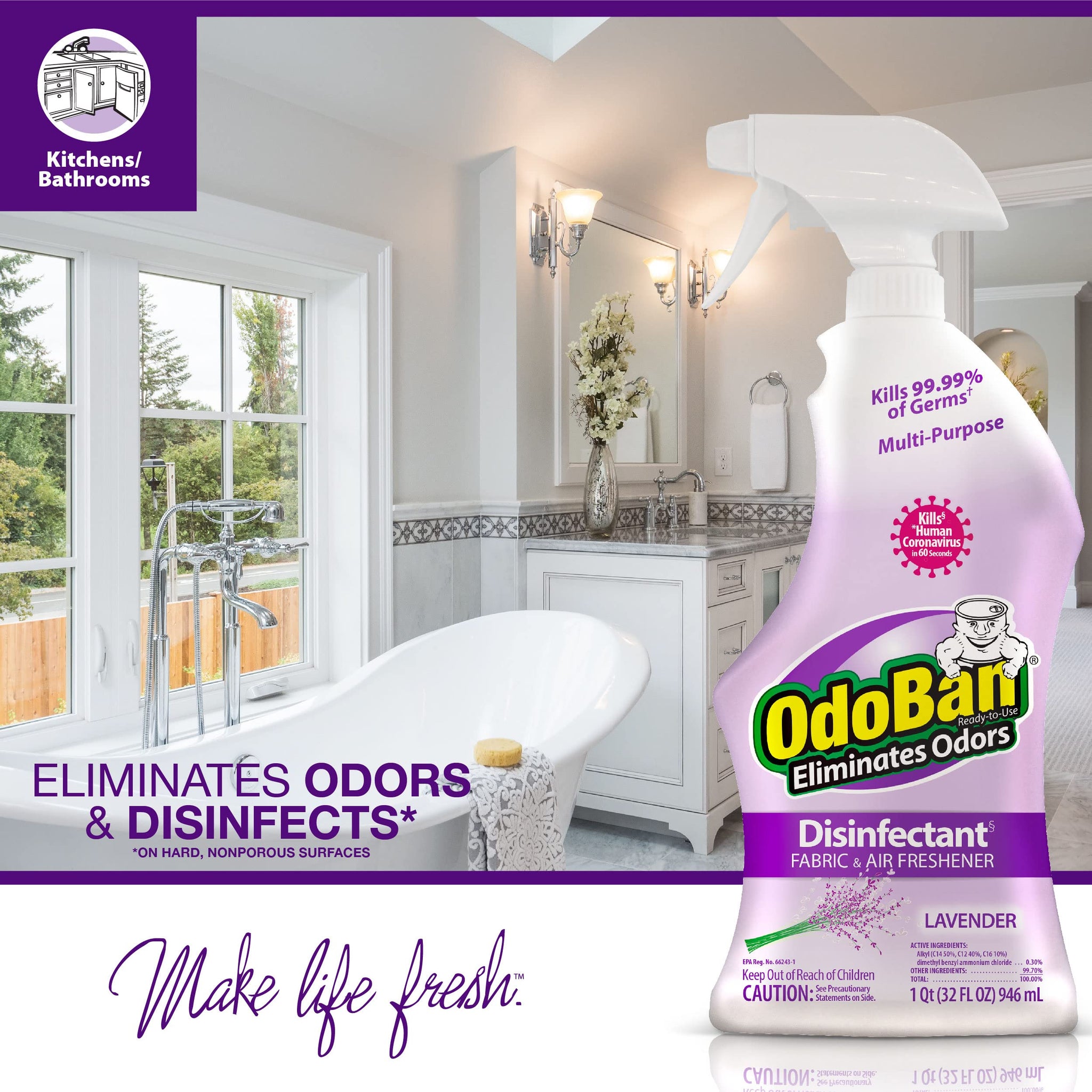 OdoBan Ready-to-Use Disinfectant and Odor Eliminator, Set of 2 Spray Bottles, 32 Ounces Each, Lavender Scent