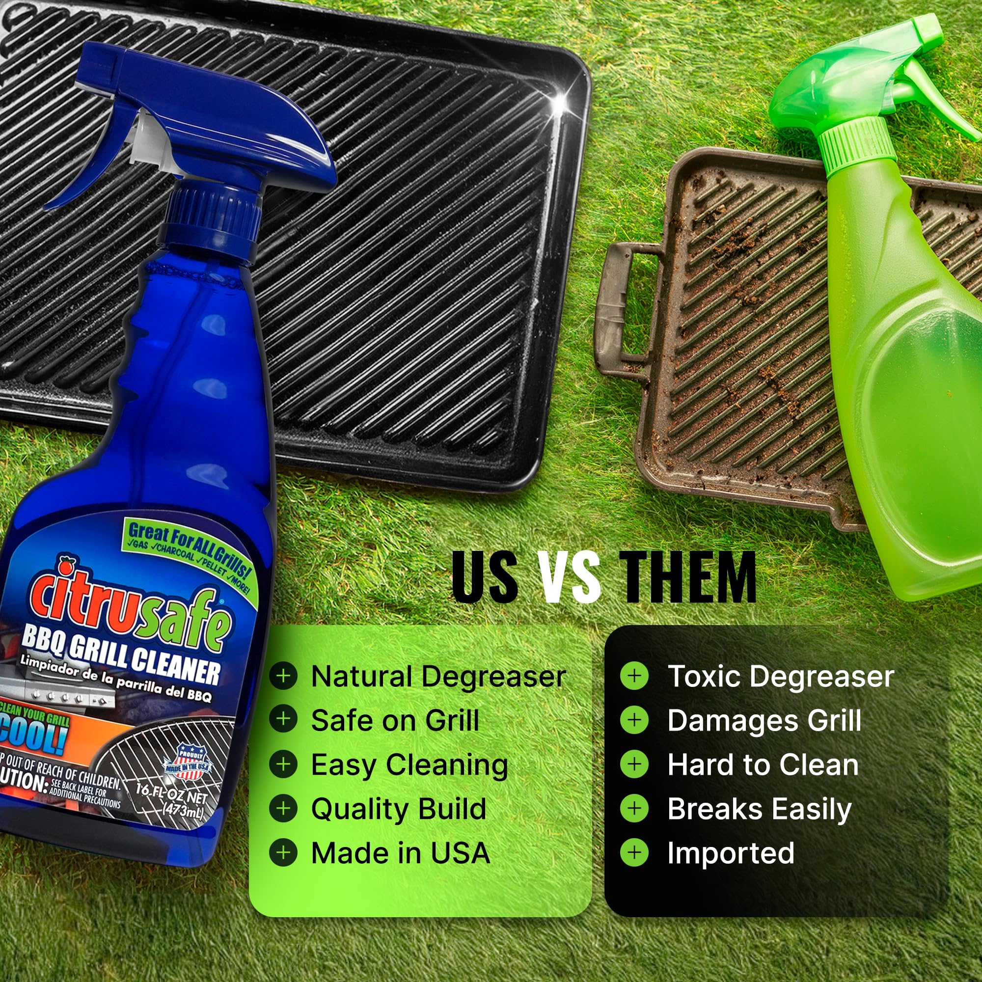 Citrusafe BBQ Grill Cleaner Spray for Outdoor Grill 16 OZ - Safe Heavy Duty Cleaner for Burnt Food & Grease - Degreases & Cleans Grates, Racks