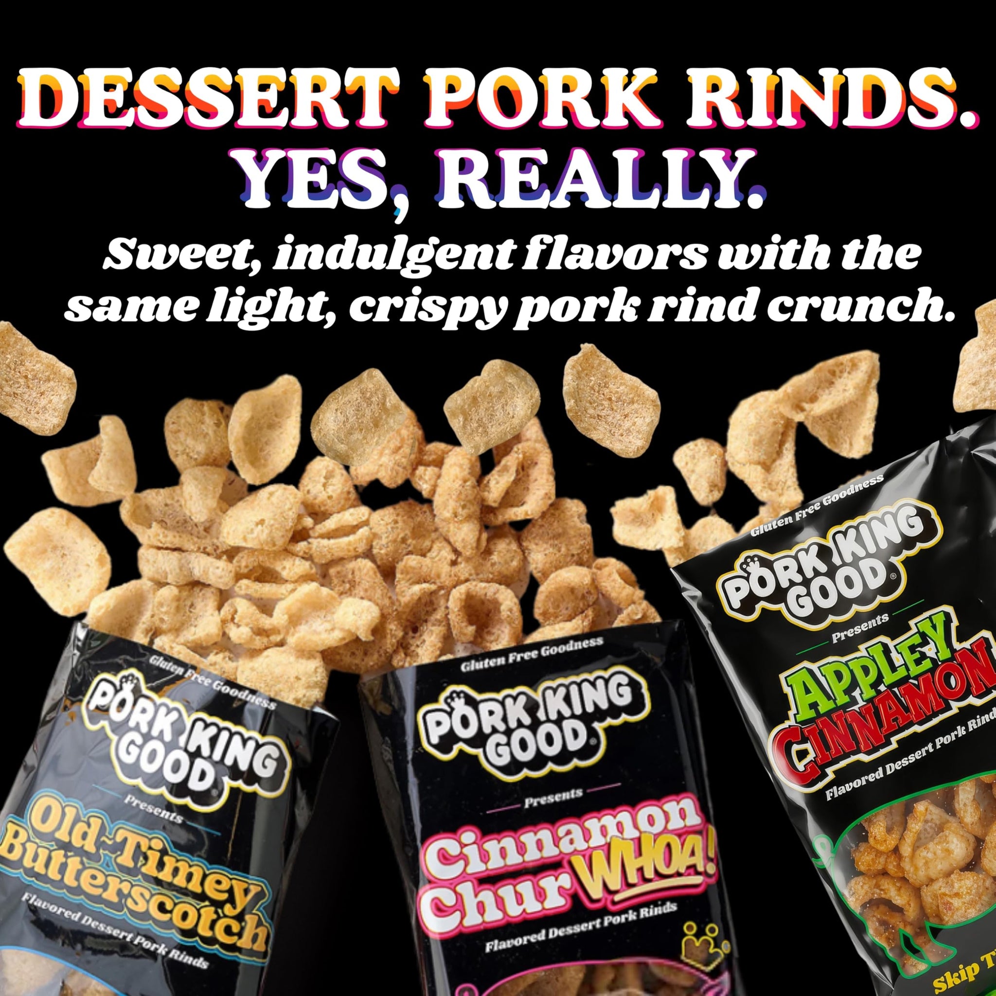 Pork King Good Appley Cinnamon 3 oz Dessert Flavored Pork Rinds - (4 Pack) Sweet and Salty, Gluten Free Snacks
