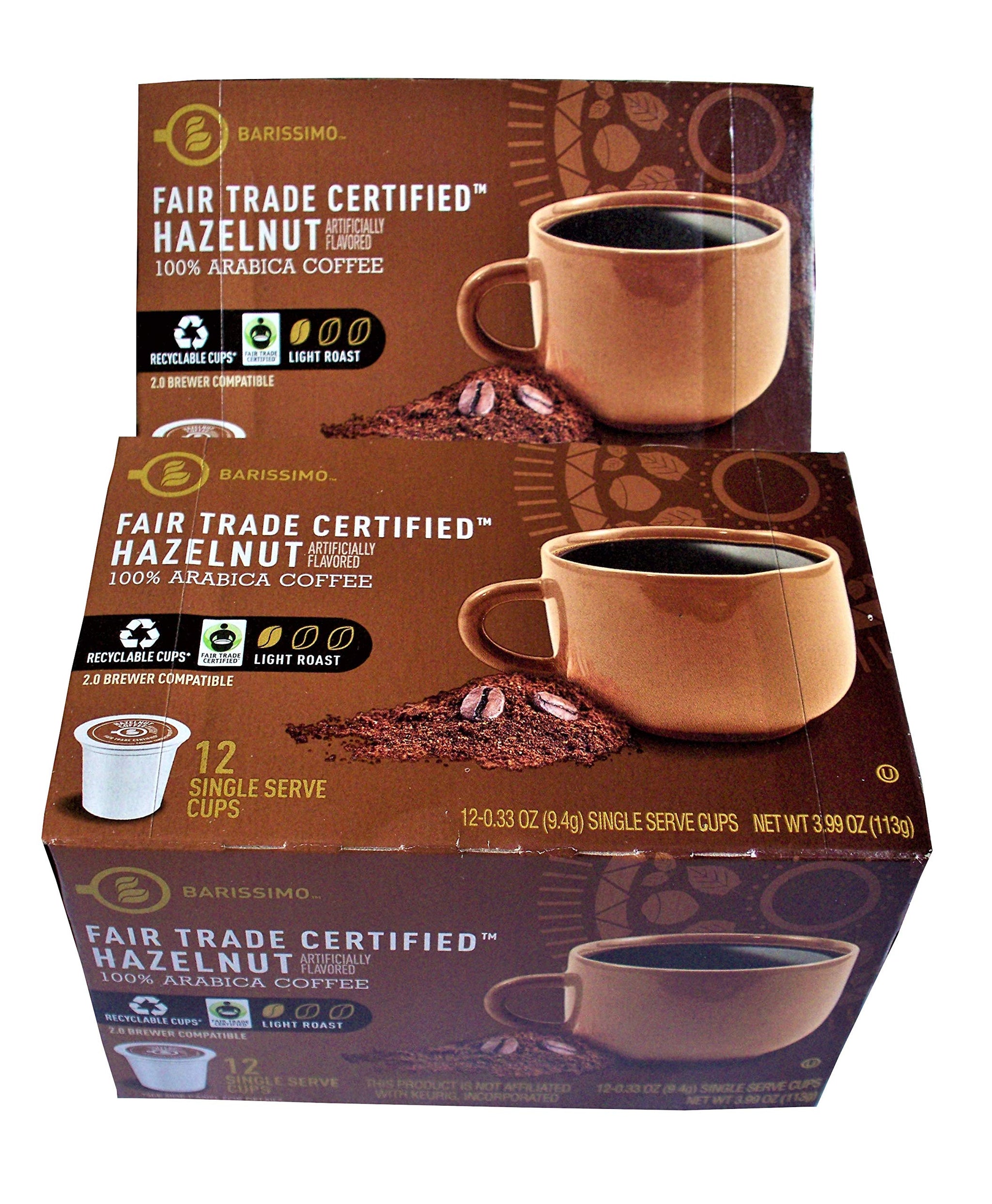Barissimo Hazelnut Single Serve Pods Fair Trade Certified 100% Arabica Coffee Cups and Cartons Recycleable
