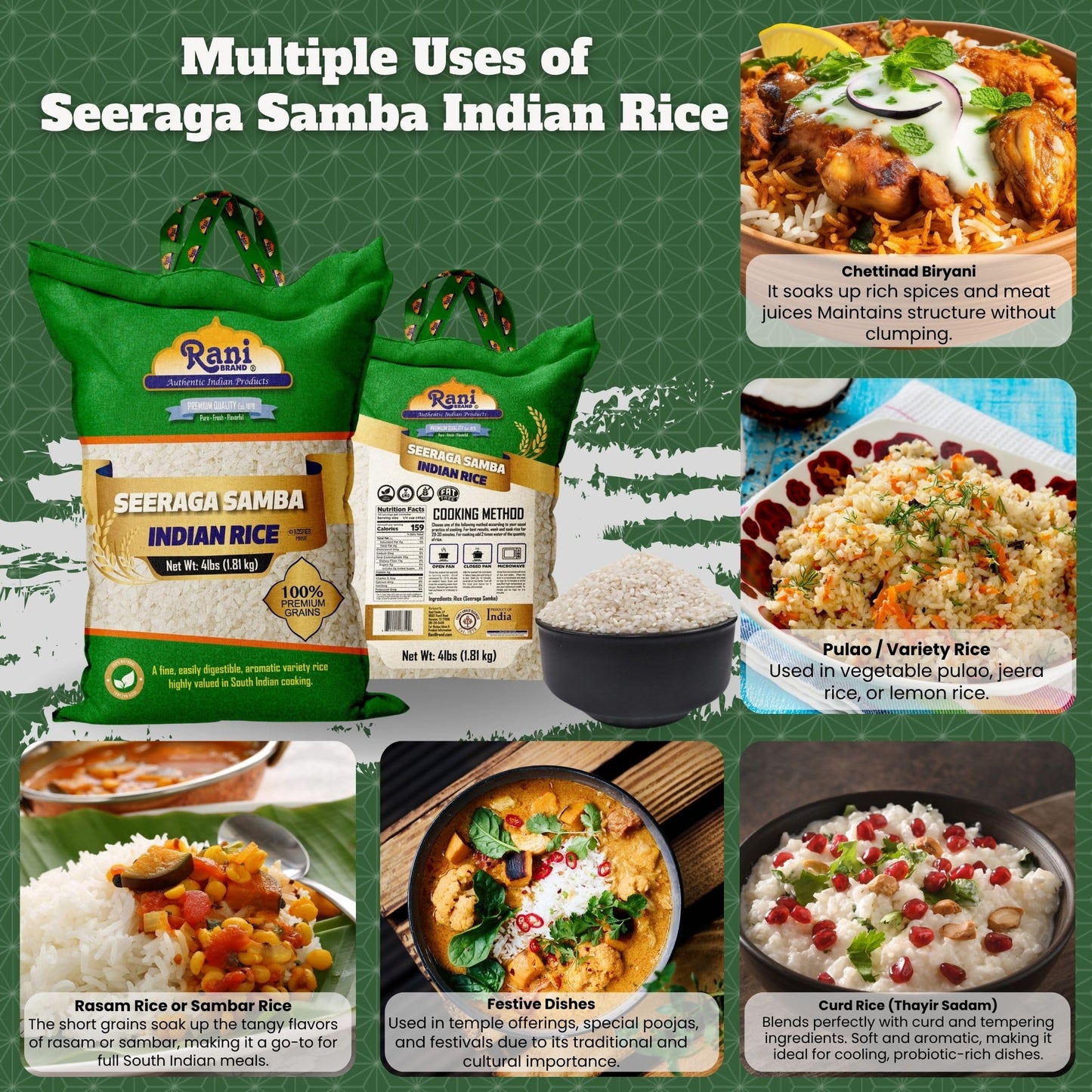 Rani Seeraga Samba Indian Rice 64oz (4lbs) 1.81kg Cloth Bag ~ All Natural | Gluten Friendly | Vegan | Kosher | Export Quality | Indian Origin