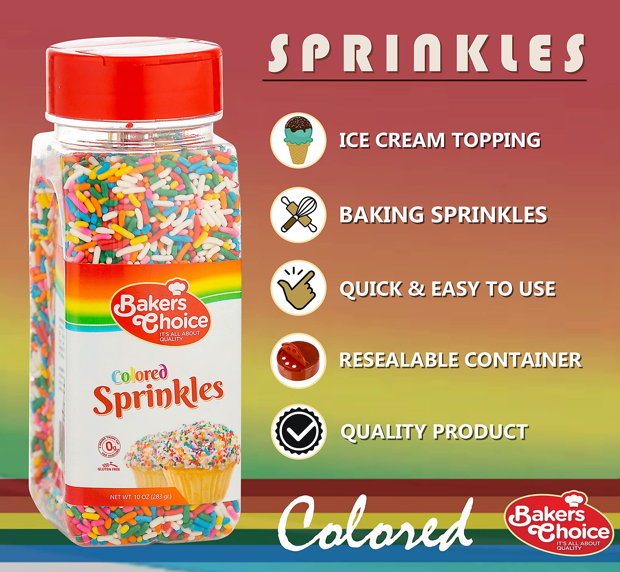 Bakers Choice Rainbow Sprinkles for Baking - Rainbow Jimmies Sprinkles for Ice Cream Toppings - Dairy Free, Kosher 10 Ounce