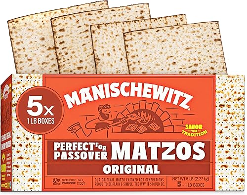 Manischewitz Passover Matzo (5x1lb Boxes) The Original Manischewitz Passover Matzo | Two Ingredients only - Flour and Water - 18 Min Matzo | Unsalted