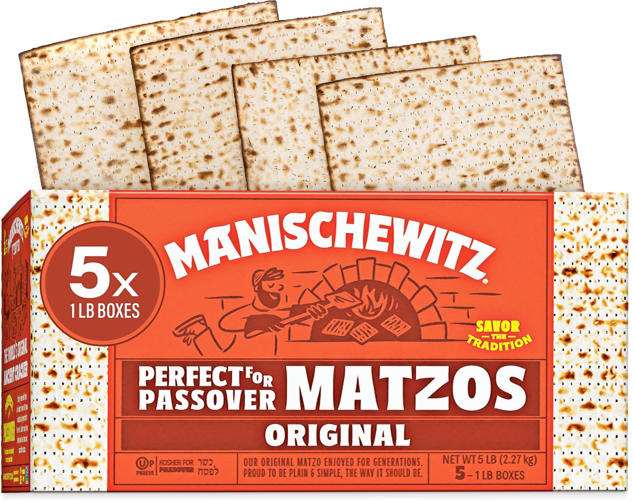 Manischewitz Passover Matzo (5x1lb Boxes) The Original Manischewitz Passover Matzo | Two Ingredients only - Flour and Water - 18 Min Matzo | Unsalted