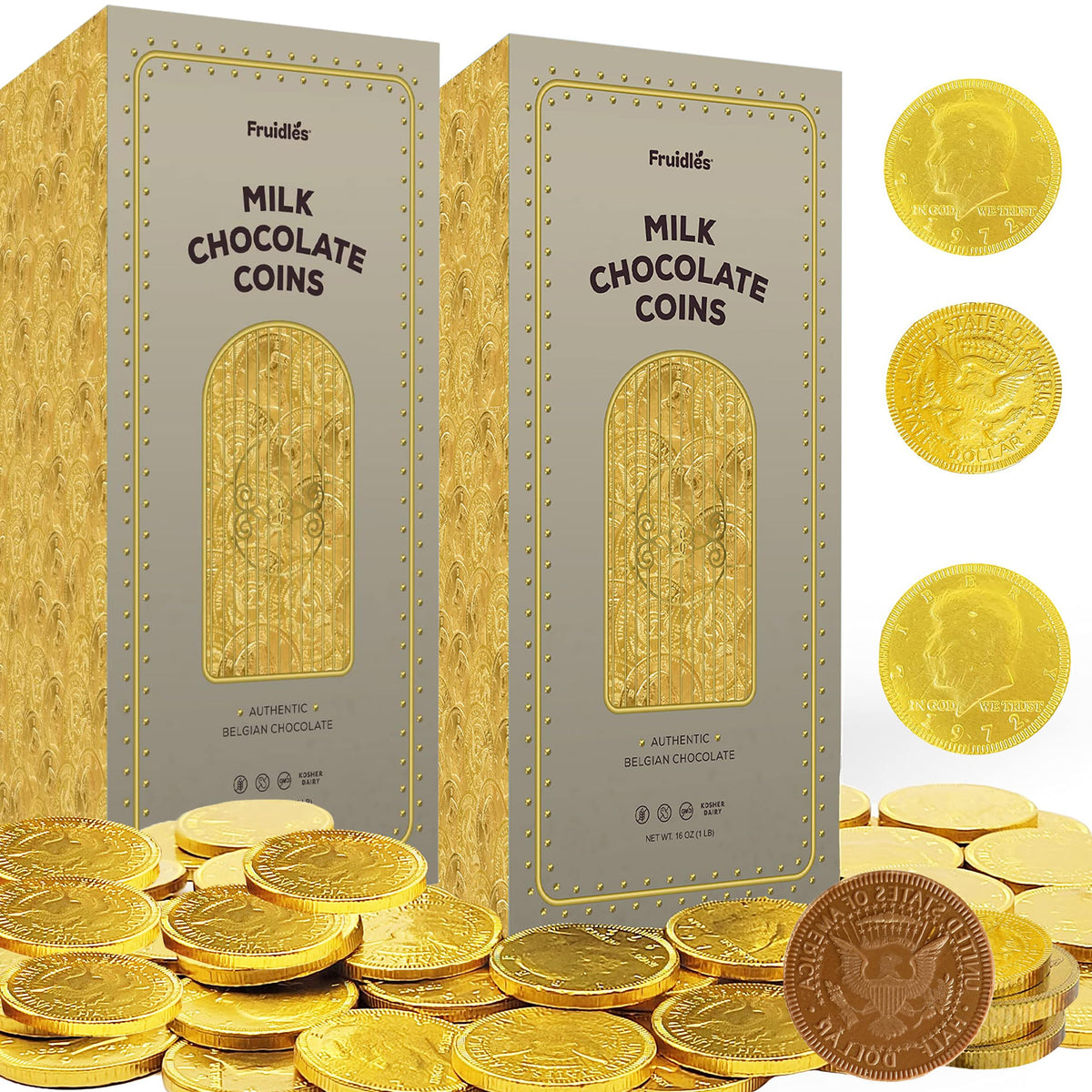 2-Pounds Chocolate Coins, Premium Belgian Milk Chocolate Half Dollar Coins Wrapped in Gold, Nut-Free, Vault Design (2 Pounds)