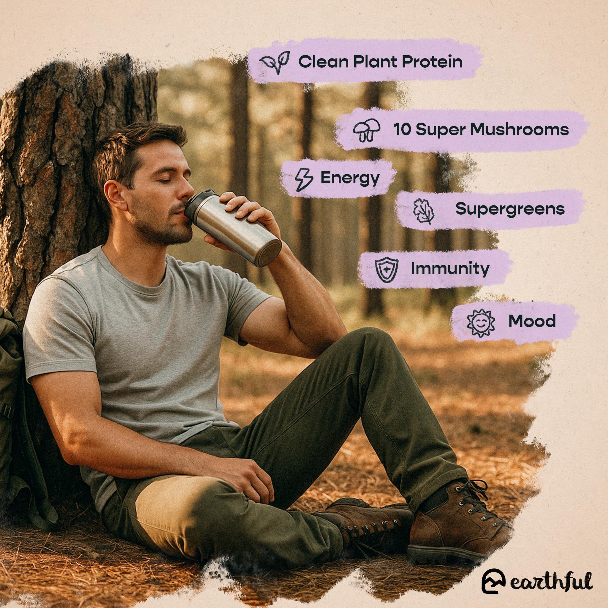 EARTHFUL Boba Plant Protein + Vegan Boba Tea Protein Powder with Supergreens, 10 Mushrooms, Adaptogens & Nootropics, No Added Sugar Meal Replacement