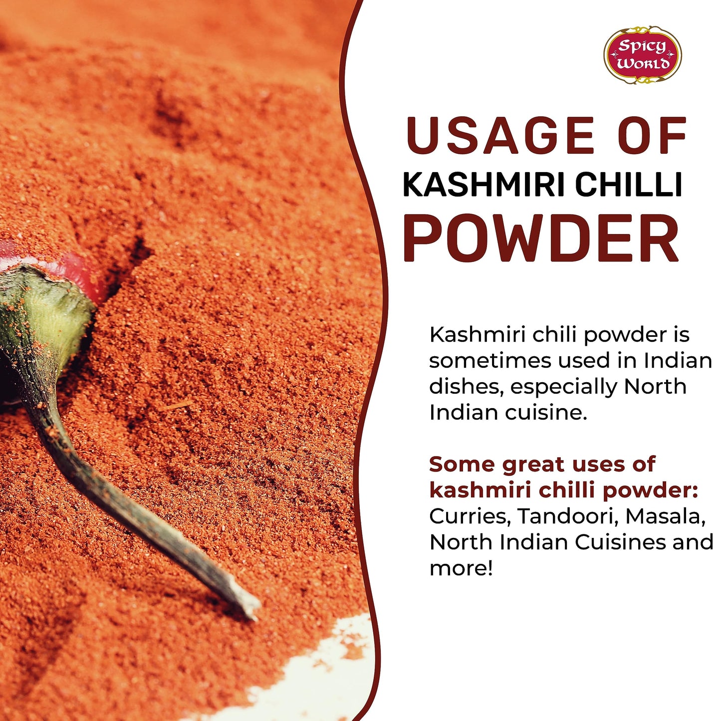 Spicy World Kashmiri Chili Powder Red 7 Ounce Resealable bag | All Natural Low Heat, Chili Powder - Red Pepper Powder