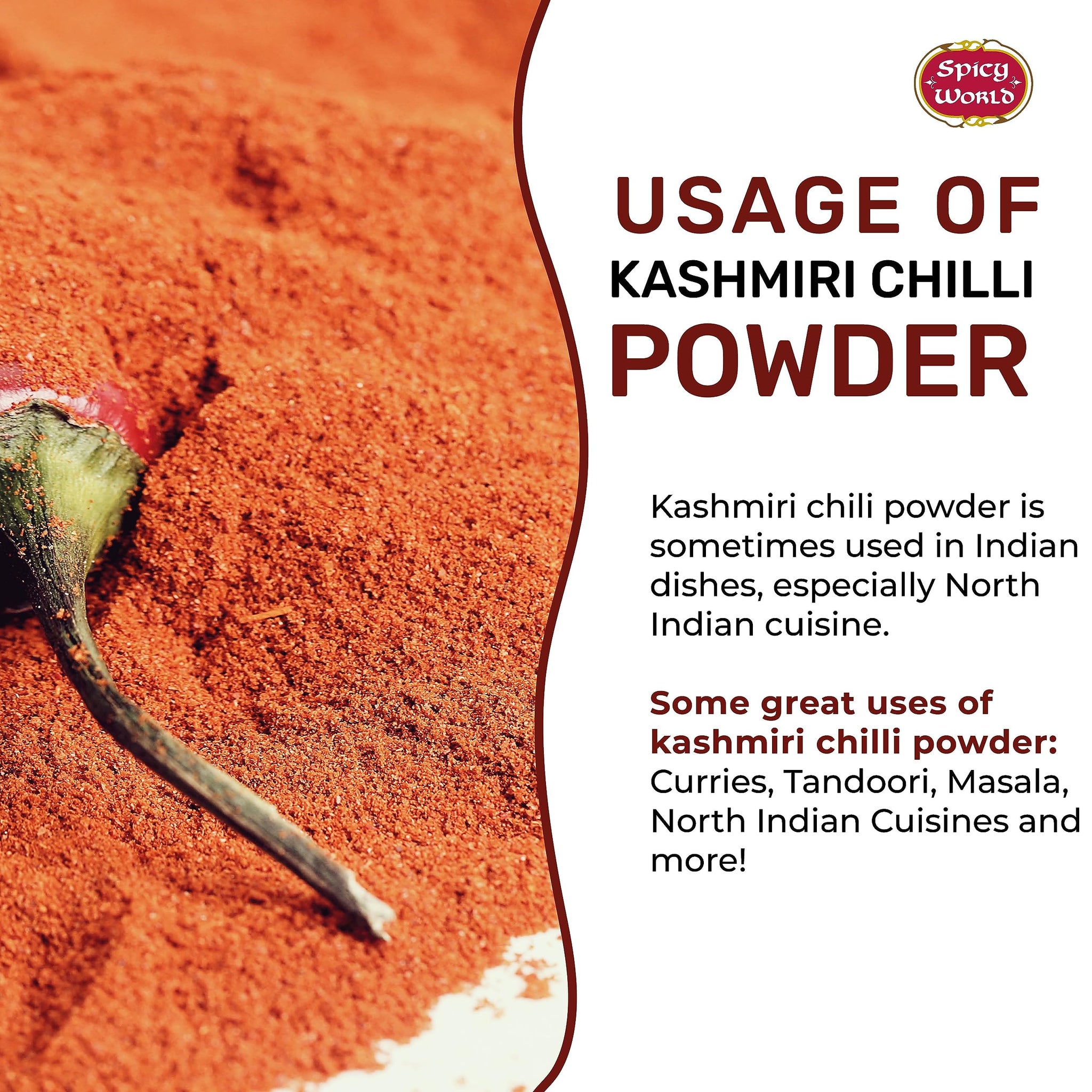 Spicy World Kashmiri Chili Powder Red 7 Ounce Resealable bag | All Natural Low Heat, Chili Powder - Red Pepper Powder