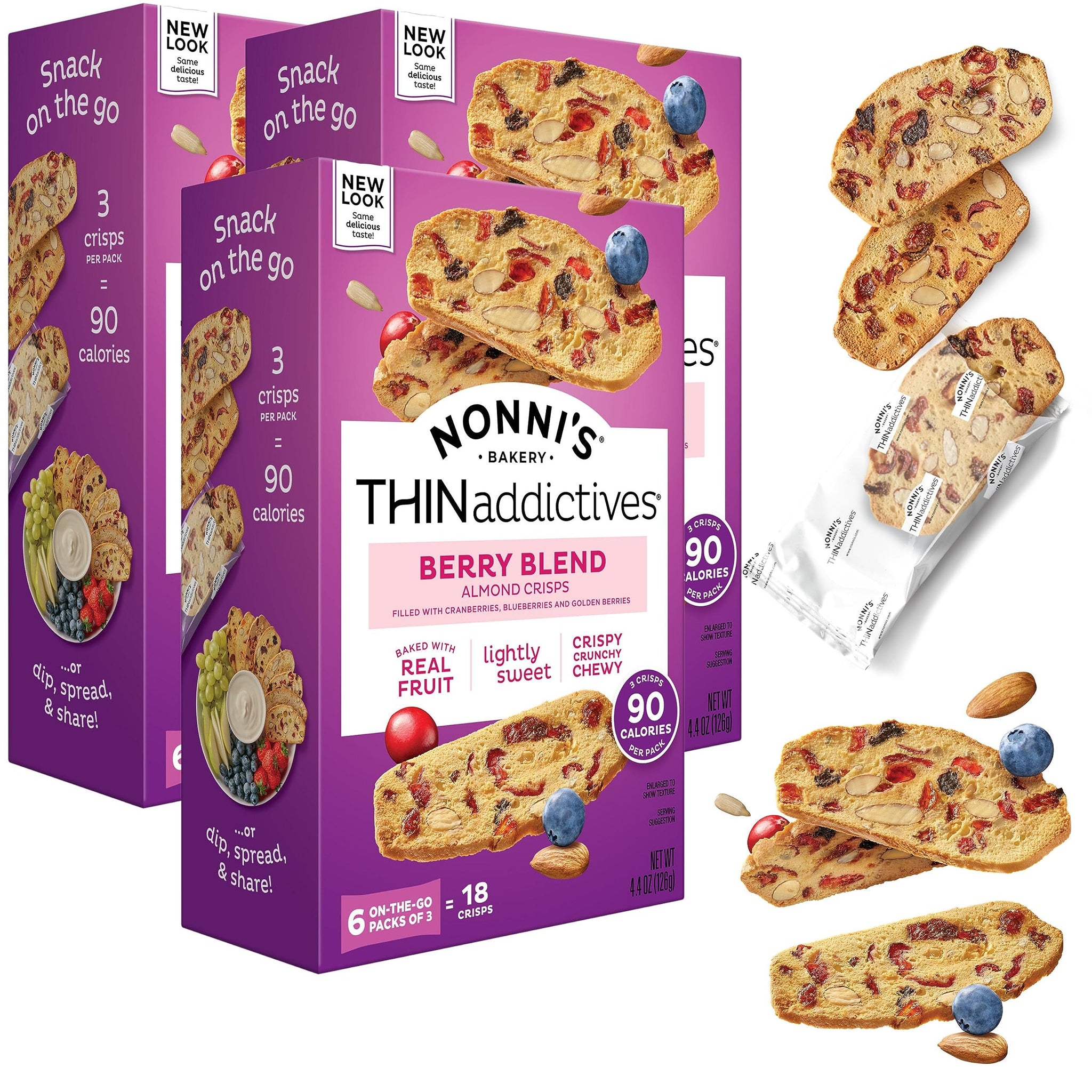 Nonni's THINaddictives Almond Thin Cookies - 3 Boxes Berry Blend Almond Cookies - Almond Cookie Thins w/Cranberries Blueberries Goldenberries Raisins