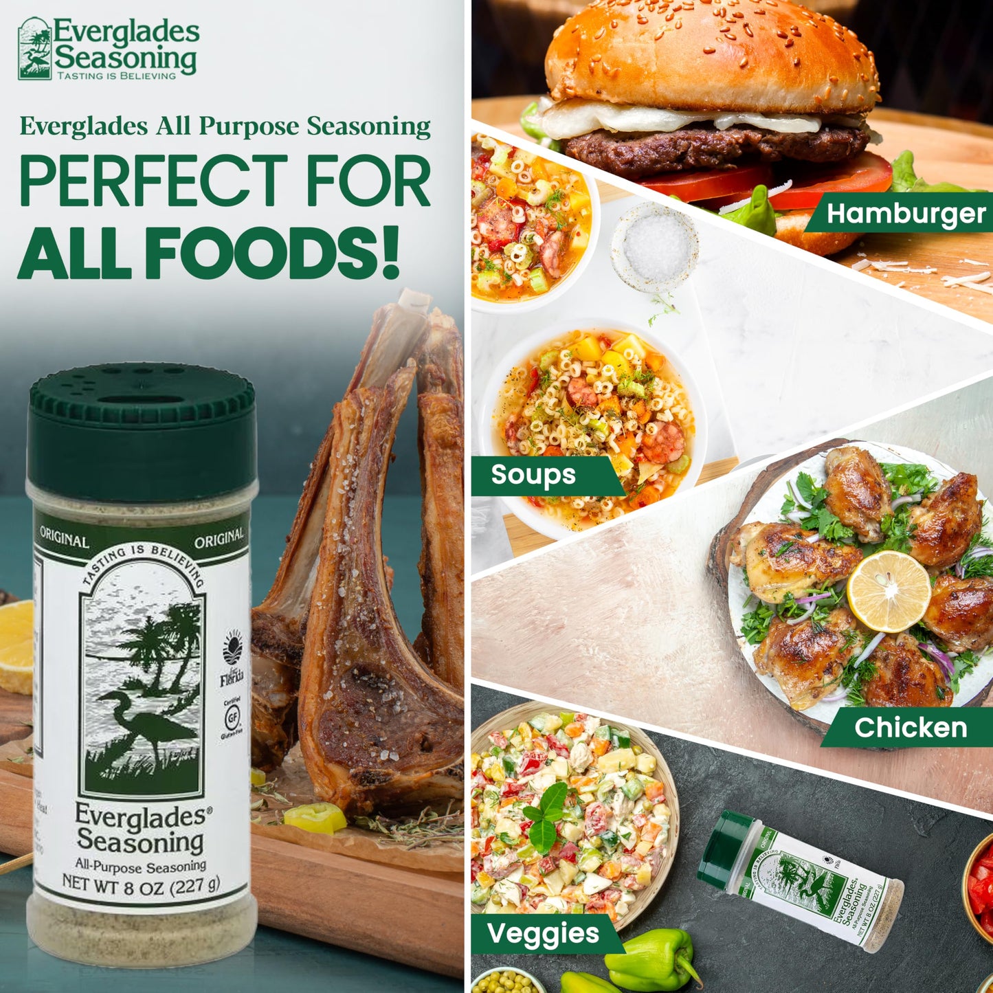 Everglades All Purpose Seasoning 8 oz - Authentic Southern Herb & Spice Blend, All Natural, Sugar Free, Zero Calorie - Seasoning for Chicken, Beef
