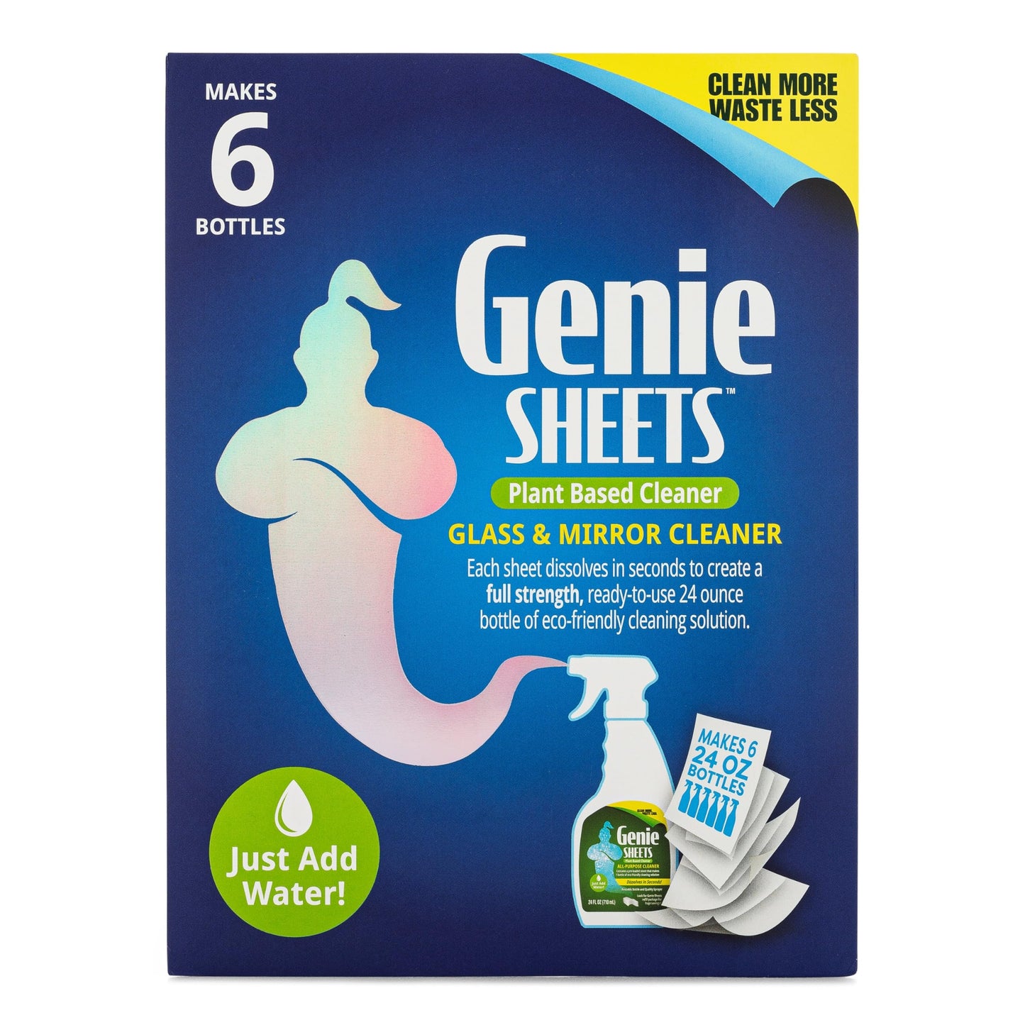 Genie Sheets Glass & Mirror Cleaner | Concentrate Makes 6 24oz Refills | Professional-Strength | Just Add Water | Sustainable Eco-Friendly Plant-Based