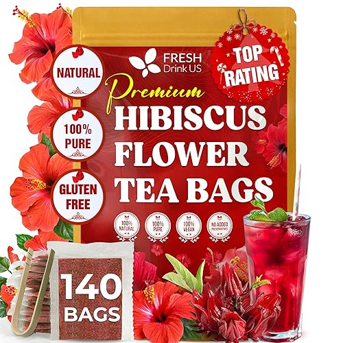 FRESHDRINKUS 140 Hibiscus Flowers Tea Bags, 100% Natural, Pure from Hibiscus Flowers. Loose Flower Hibiscus Herbal Tea. Hibiscus Flower Tea. No Sugar