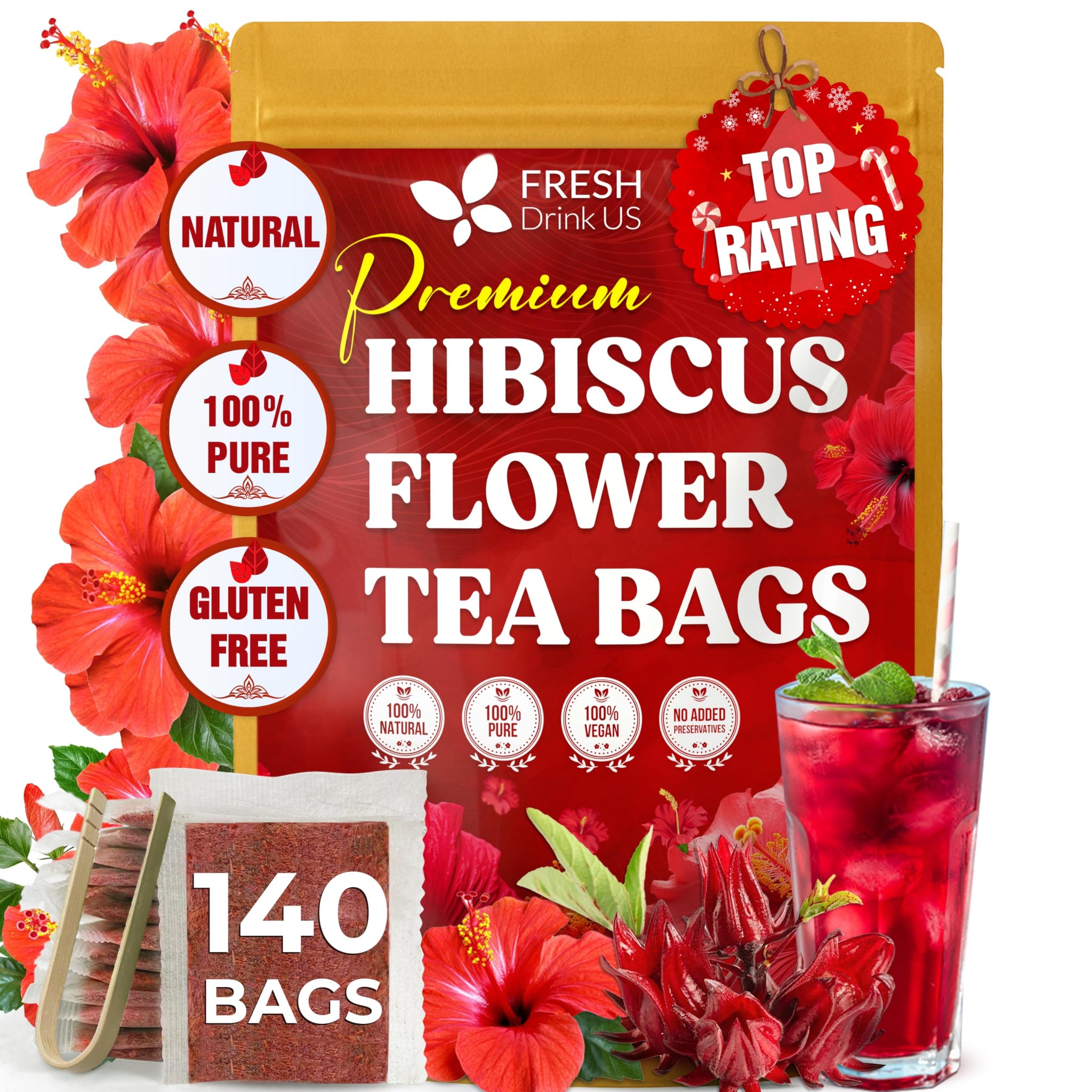 FRESHDRINKUS 140 Hibiscus Flowers Tea Bags, 100% Natural, Pure from Hibiscus Flowers. Loose Flower Hibiscus Herbal Tea. Hibiscus Flower Tea. No Sugar
