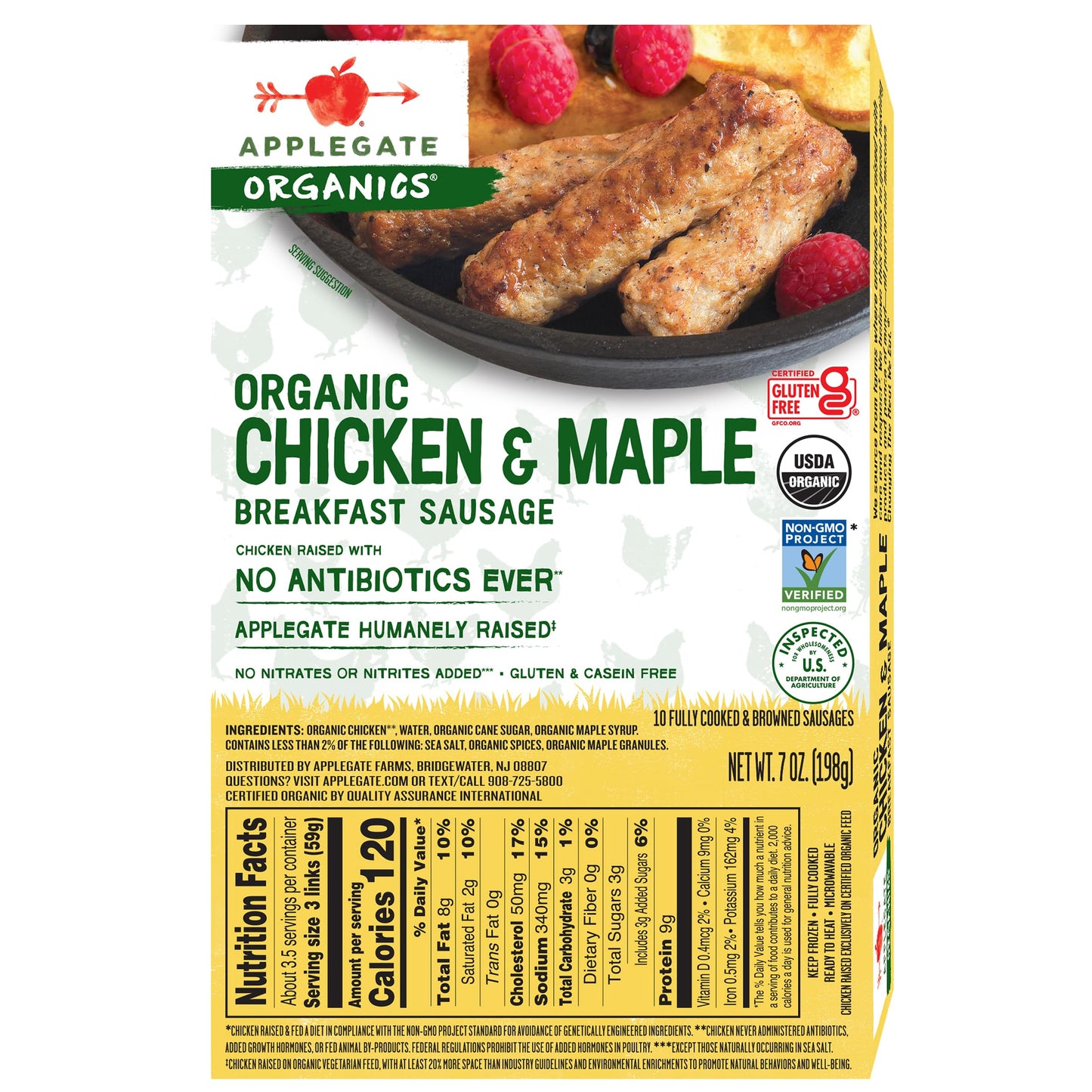 Applegate, Organic Chicken & Maple Breakfast Sausage, 7 oz (frozen)