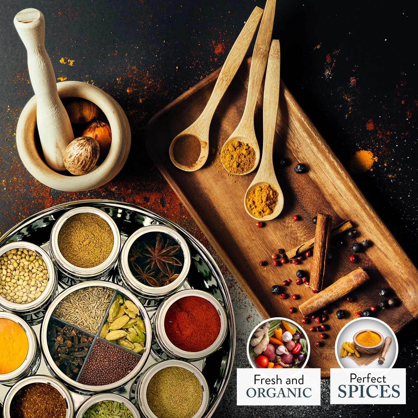 The Three Sisters Organic Indian Spices (13 Pc. Set) Natural, Authentic, and Traditional Flavors for Cookbook Recipes | Turmeric, Cumin, Cardamom