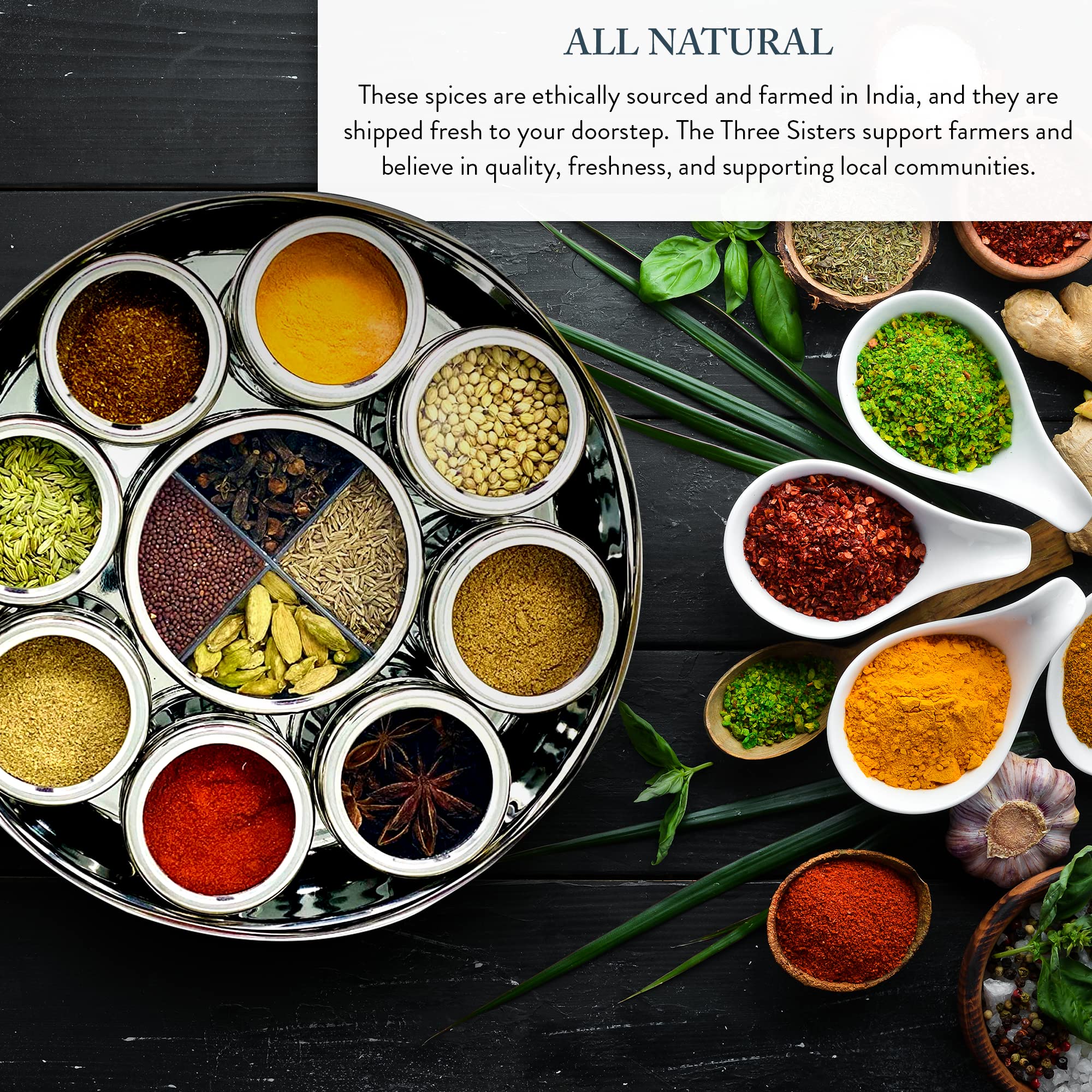 The Three Sisters Organic Indian Spices (13 Pc. Set) Natural, Authentic, and Traditional Flavors for Cookbook Recipes | Turmeric, Cumin, Cardamom