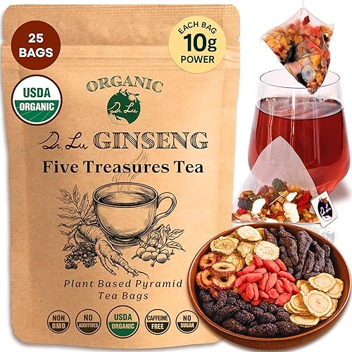 Dr. Lu’s Organic Ginseng Five Treasures Tea Kidney Tea | Ginseng Six Treasures tea for Kidney Cleanse Detox & Repair with Maca Root in Corn Fiber
