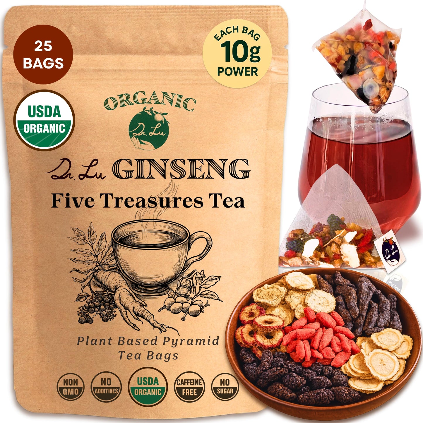 Dr. Lu’s Organic Ginseng Five Treasures Tea Kidney Tea | Ginseng Six Treasures tea for Kidney Cleanse Detox & Repair with Maca Root in Corn Fiber