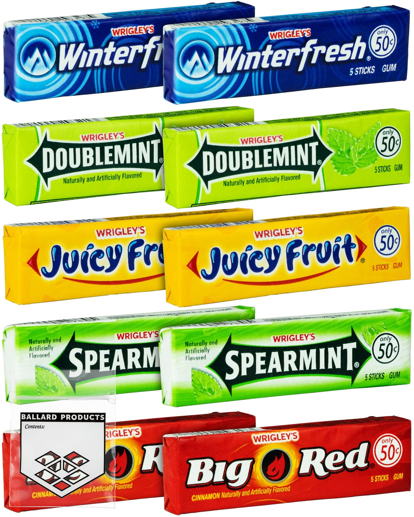 Wrigley Chewing Gum Variety Pack of 10 - All 5 Flavors of Wrigley Gum - Juicy Fruit, Spearmint, Doublemint, Winter Fresh, and Big Red - Bundle