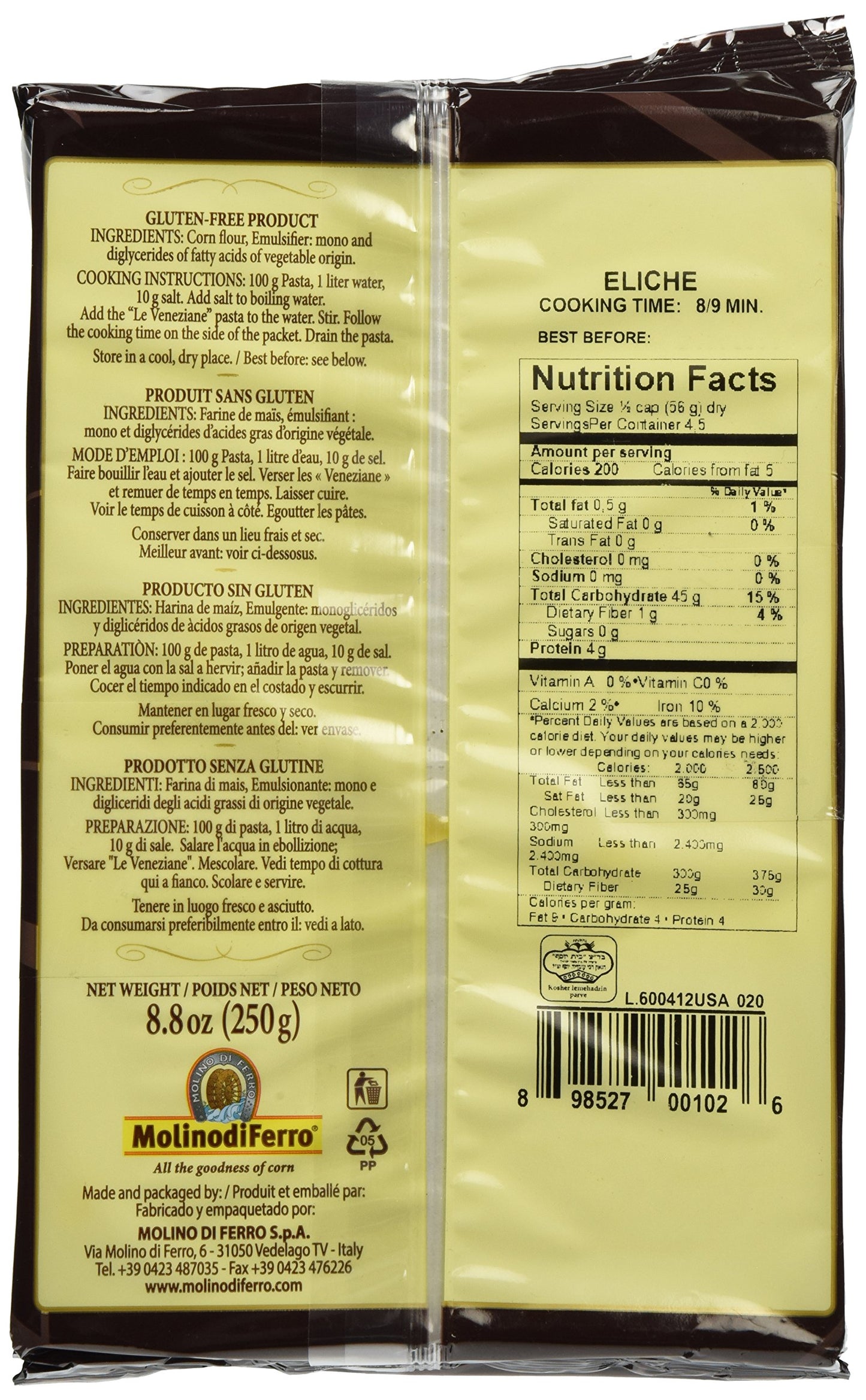 Le Veneziane - Italian Fusilli (Eliche) Pasta [Gluten-Free], (4)- 8.8 oz. Pkgs