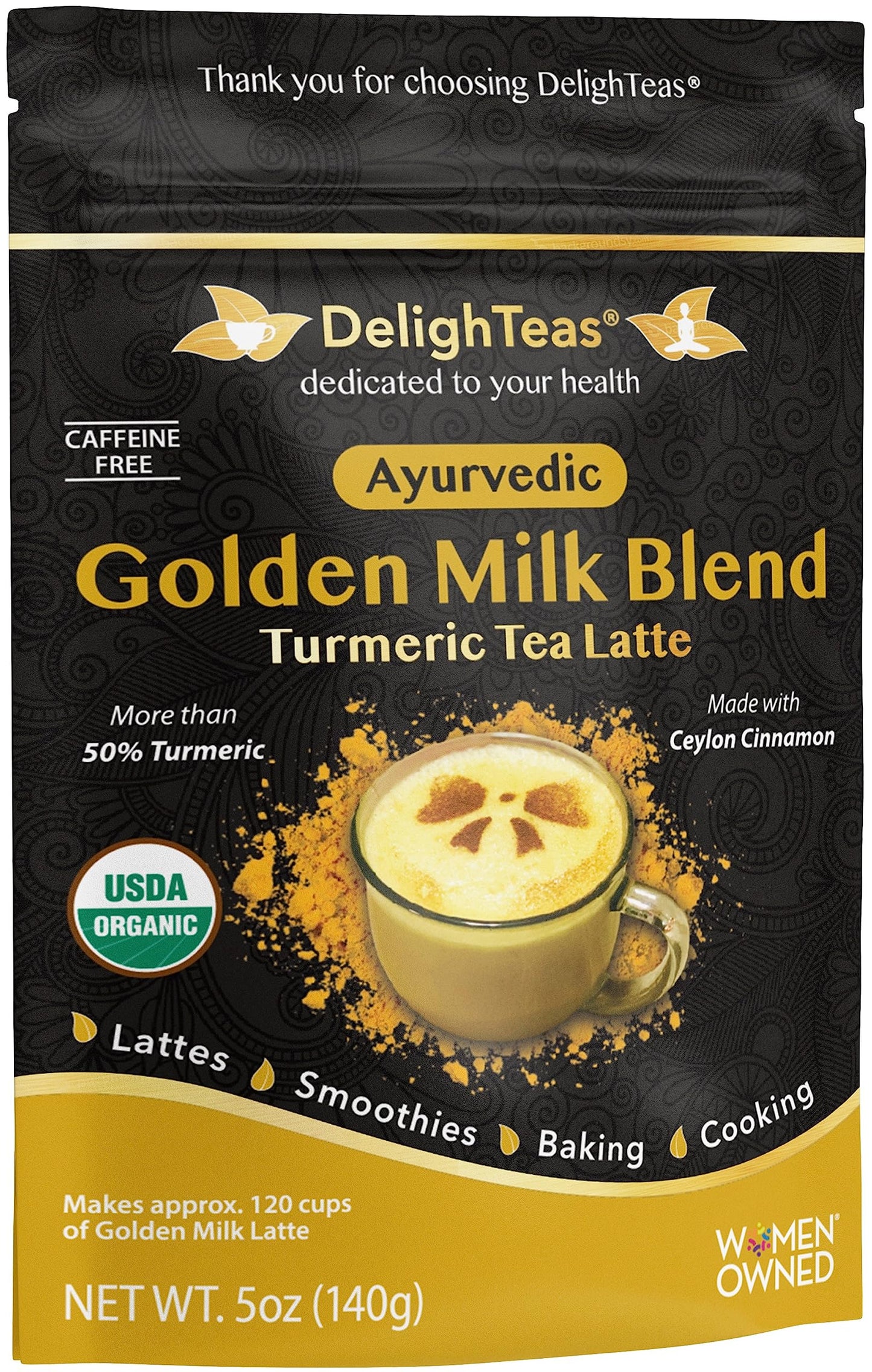 DelighTeas Organic Golden Milk Powder with Turmeric, Ginger, Ceylon Cinnamon | Ayurvedic Spices for Golden Turmeric Latte | Unsweetened, Vegan