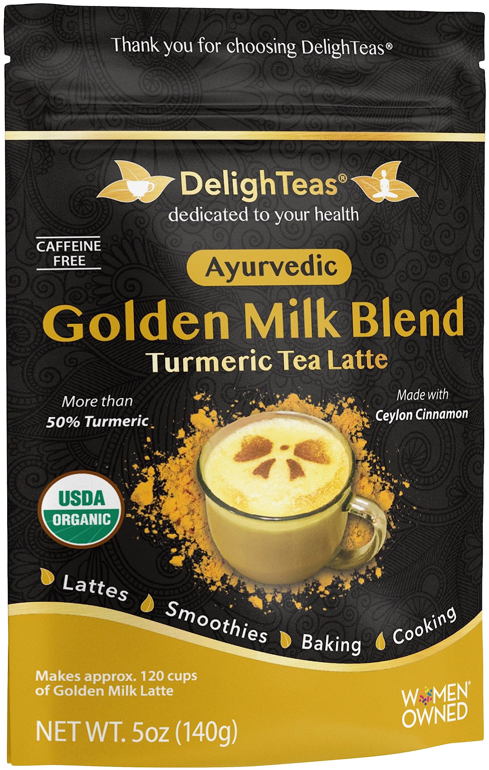 DelighTeas Organic Golden Milk Powder with Turmeric, Ginger, Ceylon Cinnamon | Ayurvedic Spices for Golden Turmeric Latte | Unsweetened, Vegan