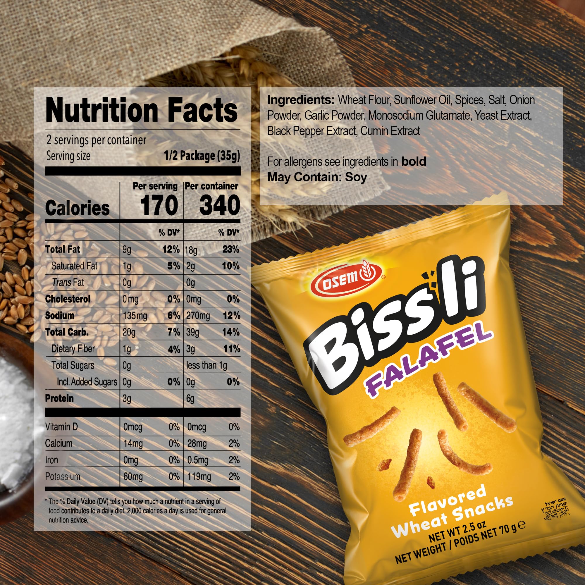Bissli Falafel Flavored Crunchy Wheat Snack Perfect Lunch Snack for Kids & Adults 2.5oz Bag (Pack of 24)