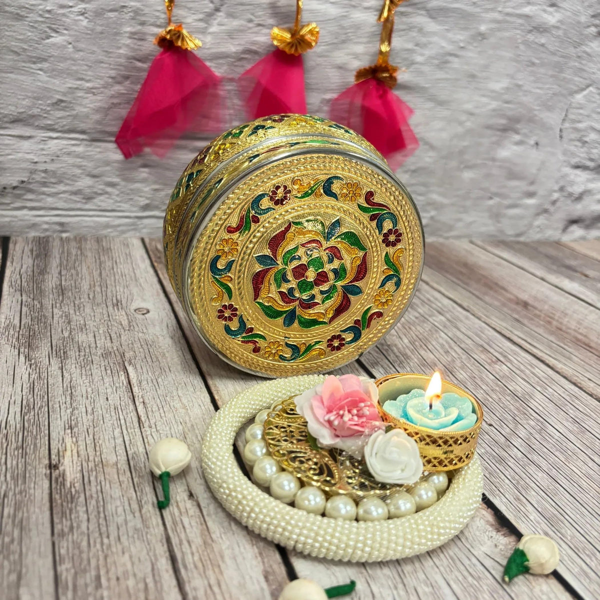 LoveNspire Diwali Gift Hamper with Meenakari Stainless Steel Sweet Box & Pearl Candle Holder for Diwali Pooja, Housewarming, Christmas & Festive