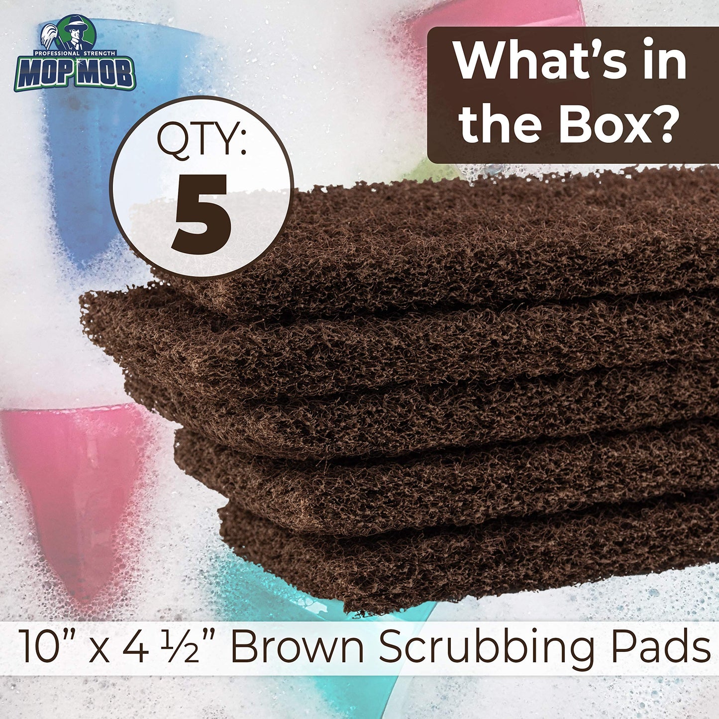 Heavy Duty XL Brown Scouring Pad 5 Pack. 10 x 4.5in Large Multipurpose Nylon Scrubbing Sponges. Clean Bathrooms, Kitchens, Counters and Floors