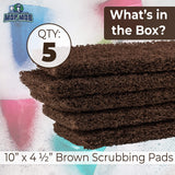 Heavy Duty XL Brown Scouring Pad 5 Pack. 10 x 4.5in Large Multipurpose Nylon Scrubbing Sponges. Clean Bathrooms, Kitchens, Counters and Floors