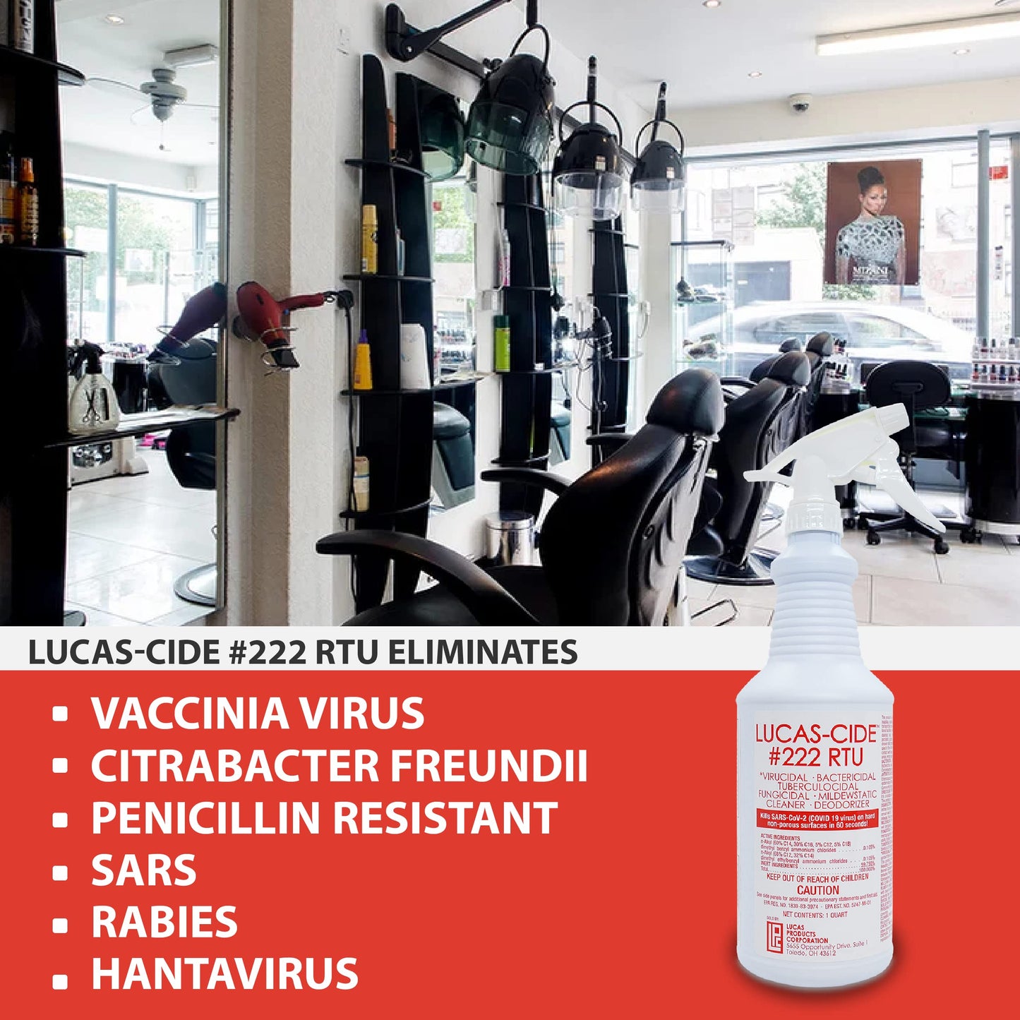 LUCAS-CIDE #222 RTU Hospital-Grade Salon and Spa 60 Second Disinfectant 32 Fl Oz