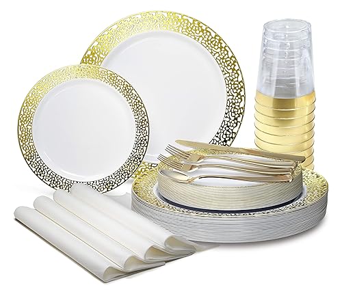 " OCCASIONS " 200pcs set (25 Guest)-Wedding Disposable Plastic Plates & cutlery -10.25'', 7.5''+linen like paper napkins, Gold rim cups & Silverware