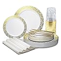 " OCCASIONS " 200pcs set (25 Guest)-Wedding Disposable Plastic Plates & cutlery -10.25'', 7.5''+linen like paper napkins, Gold rim cups & Silverware