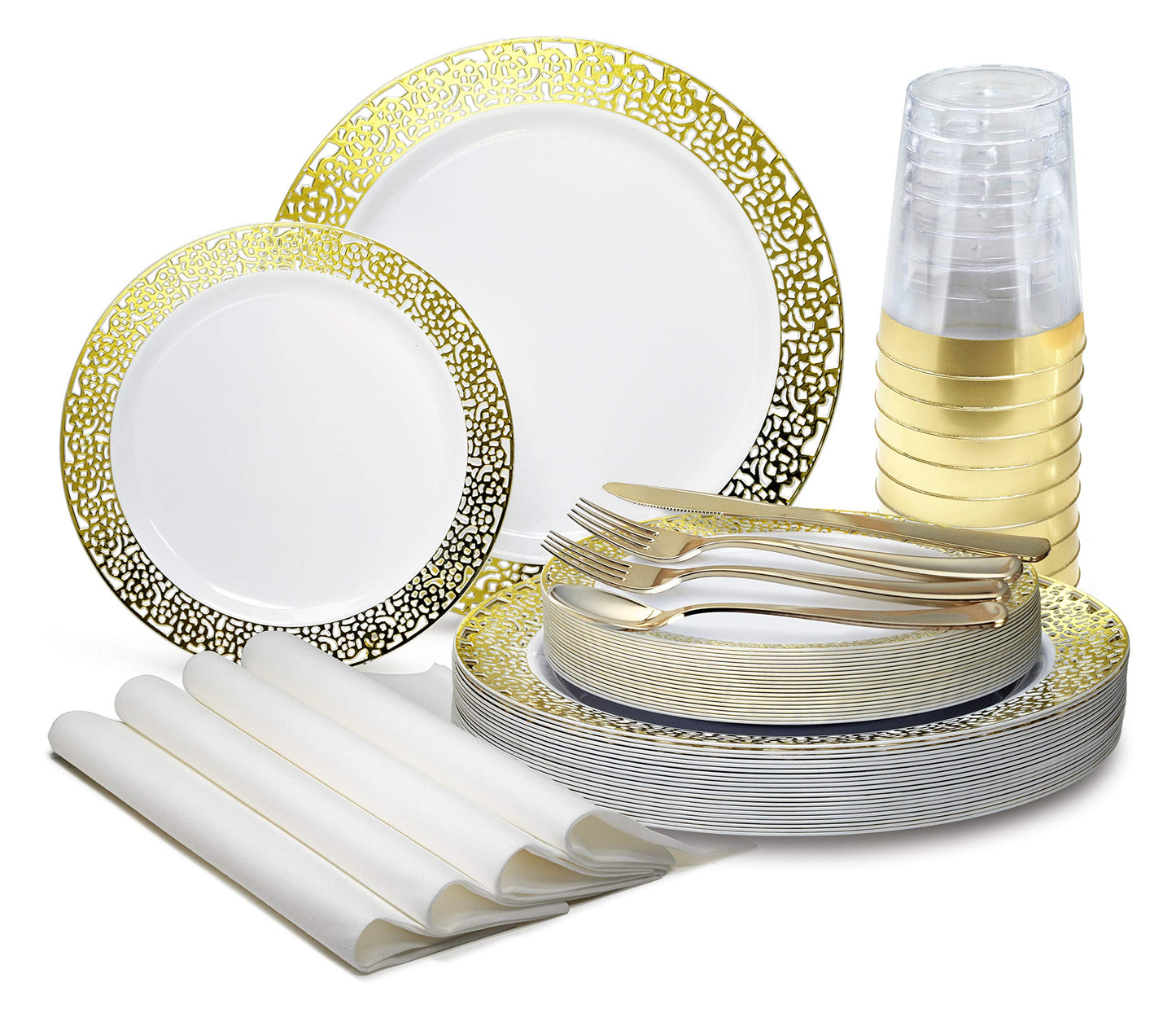 " OCCASIONS " 200pcs set (25 Guest)-Wedding Disposable Plastic Plates & cutlery -10.25'', 7.5''+linen like paper napkins, Gold rim cups & Silverware