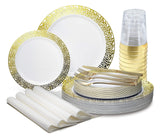 " OCCASIONS " 200pcs set (25 Guest)-Wedding Disposable Plastic Plates & cutlery -10.25'', 7.5''+linen like paper napkins, Gold rim cups & Silverware