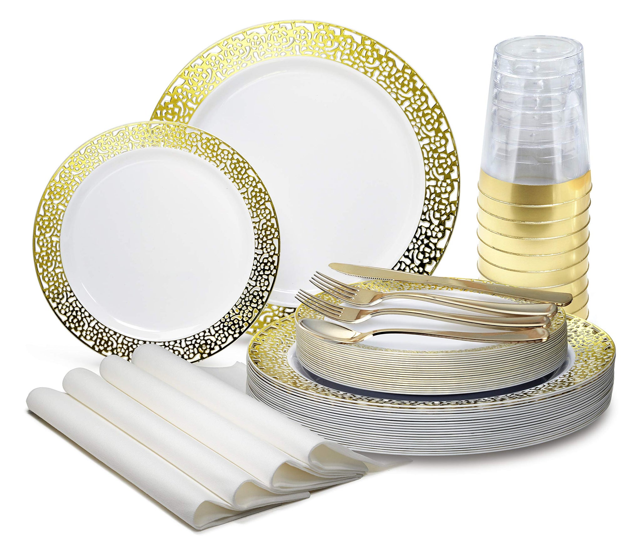 " OCCASIONS " 200pcs set (25 Guest)-Wedding Disposable Plastic Plates & cutlery -10.25'', 7.5''+linen like paper napkins, Gold rim cups & Silverware