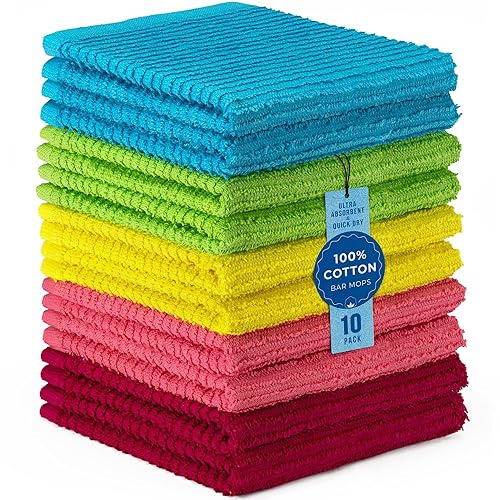 DecorRack 100% Cotton Bar Mops, Kitchen Dish Cloths, Multi-Purpose Cleaning Towels, Ultra Absorbent, Machine Washable, Quick Dry, Cheerful Assortment