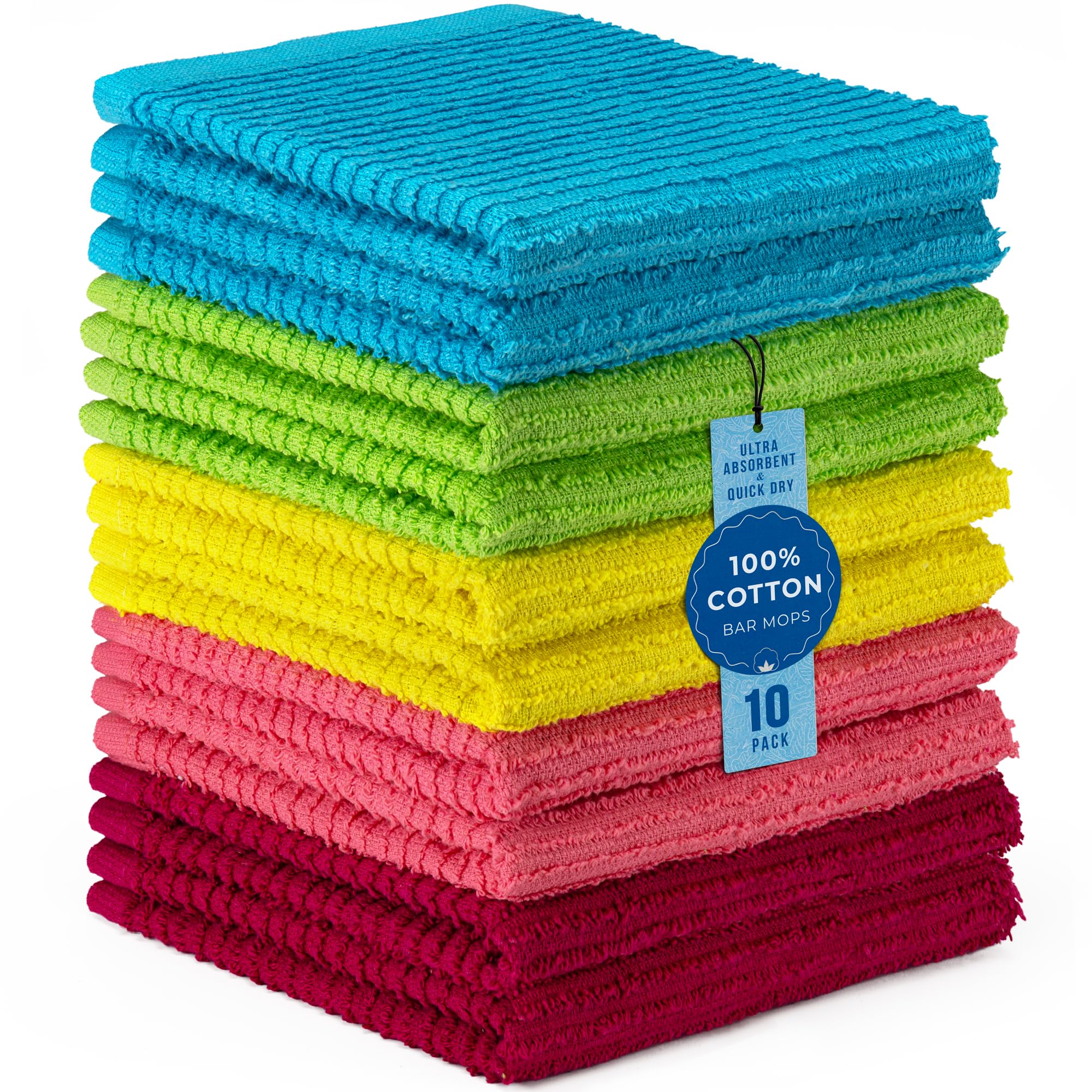DecorRack 100% Cotton Bar Mops, Kitchen Dish Cloths, Multi-Purpose Cleaning Towels, Ultra Absorbent, Machine Washable, Quick Dry, Cheerful Assortment