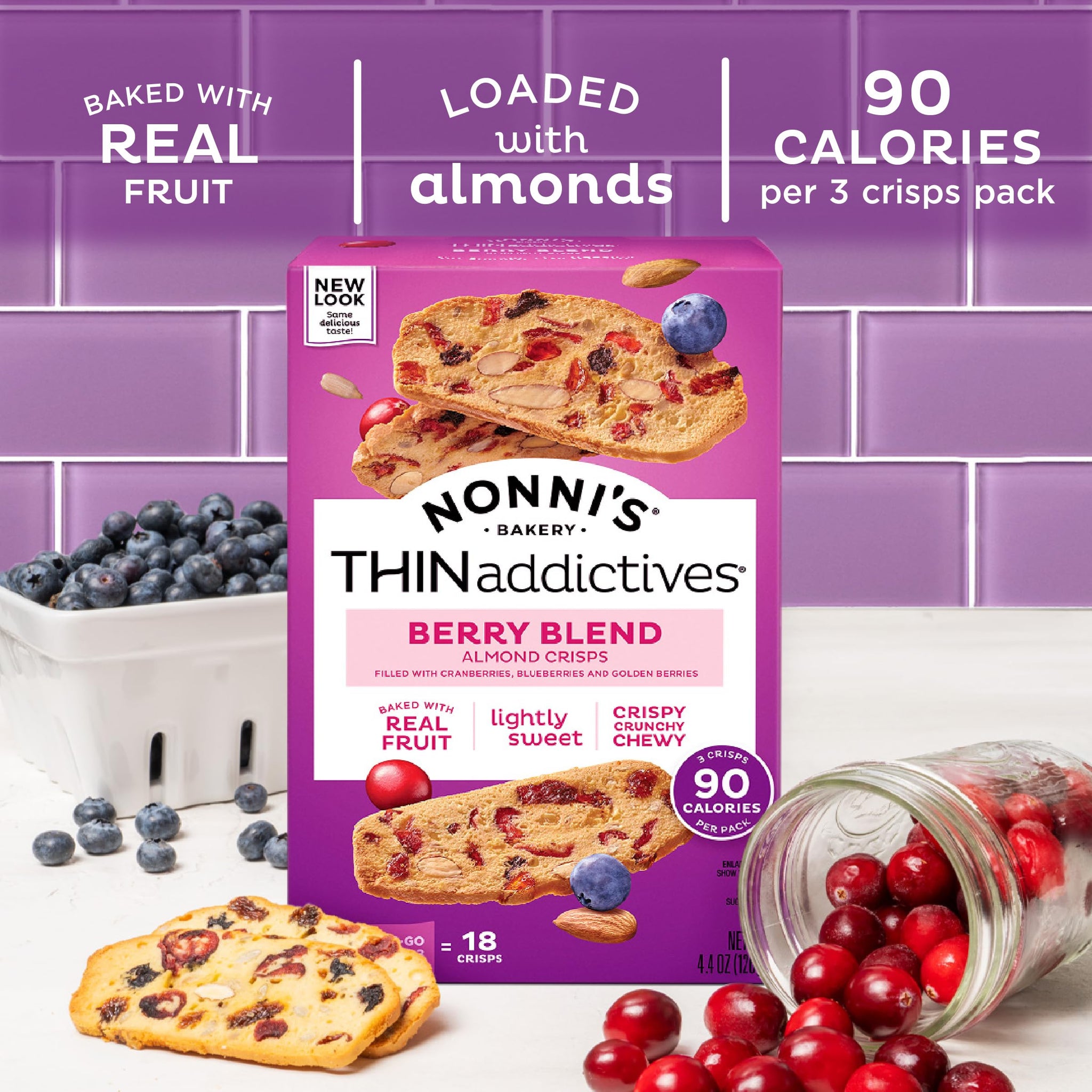 Nonni's THINaddictives Almond Thin Cookies - 3 Boxes Berry Blend Almond Cookies - Almond Cookie Thins w/Cranberries Blueberries Goldenberries Raisins