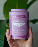 JusTea PURPLE JASMINE | Loose Leaf Purple Tea | Tin with Hand Carved Tea Spoon | 40+ Cups (3.2oz) | Low Caffeine | Award-Winning | Fair Trade |