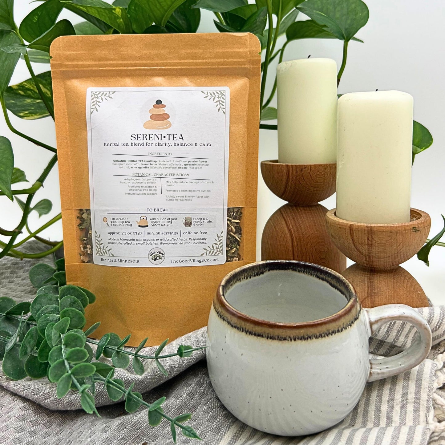The Good Village Co. Sereni•Tea Loose Leaf Herbal Tea, Caffeine Free Botanical Blend with Skullcap, Passionflower, Lemon Balm, Spearmint, Ashwagandha