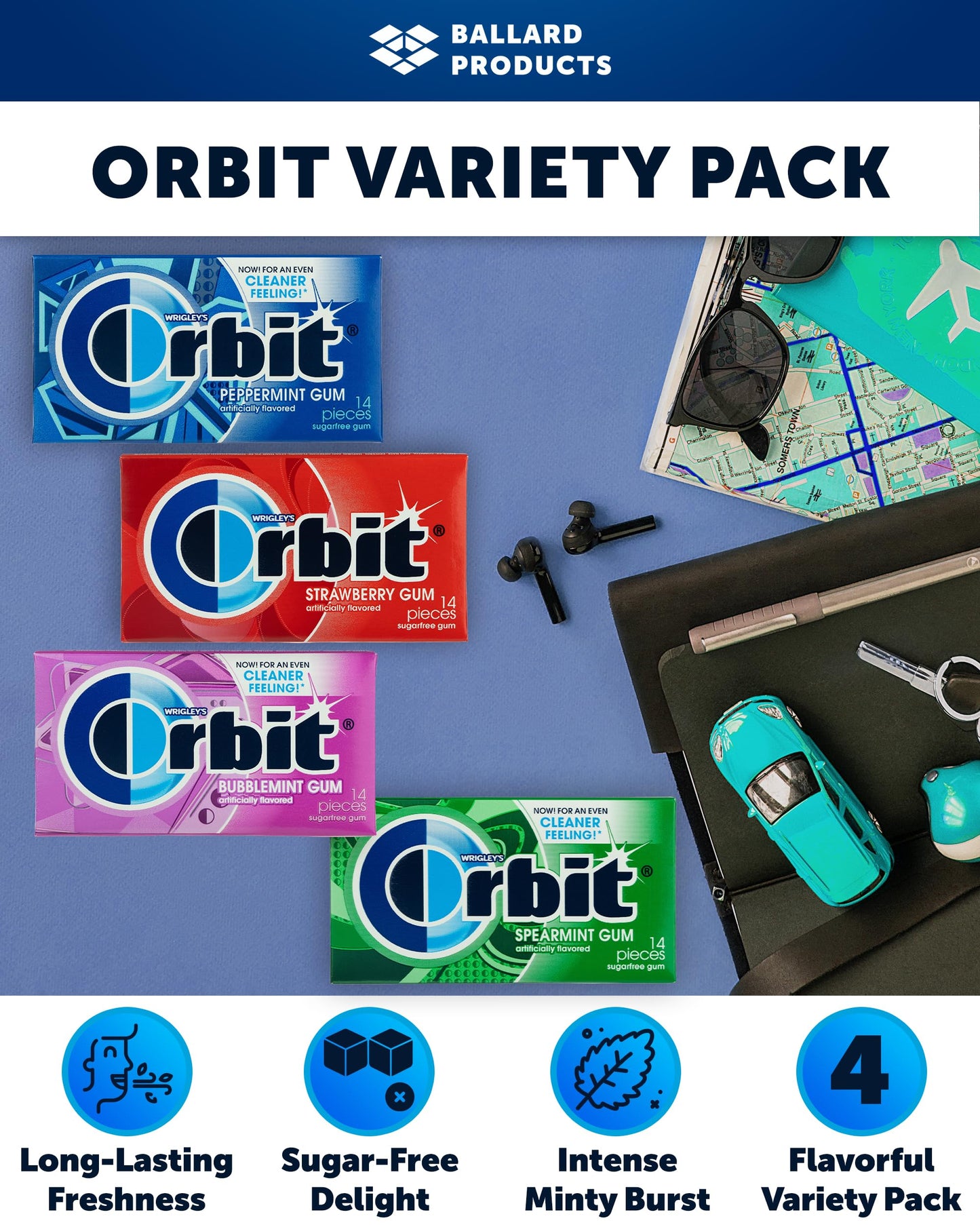 Orbit Gum Variety Pack - Assorted Gum Pack of 4 Flavors - Peppermint, Spearmint, Strawberry, and Bubblemint - Classic Chewing Gum Flavors - Bundle