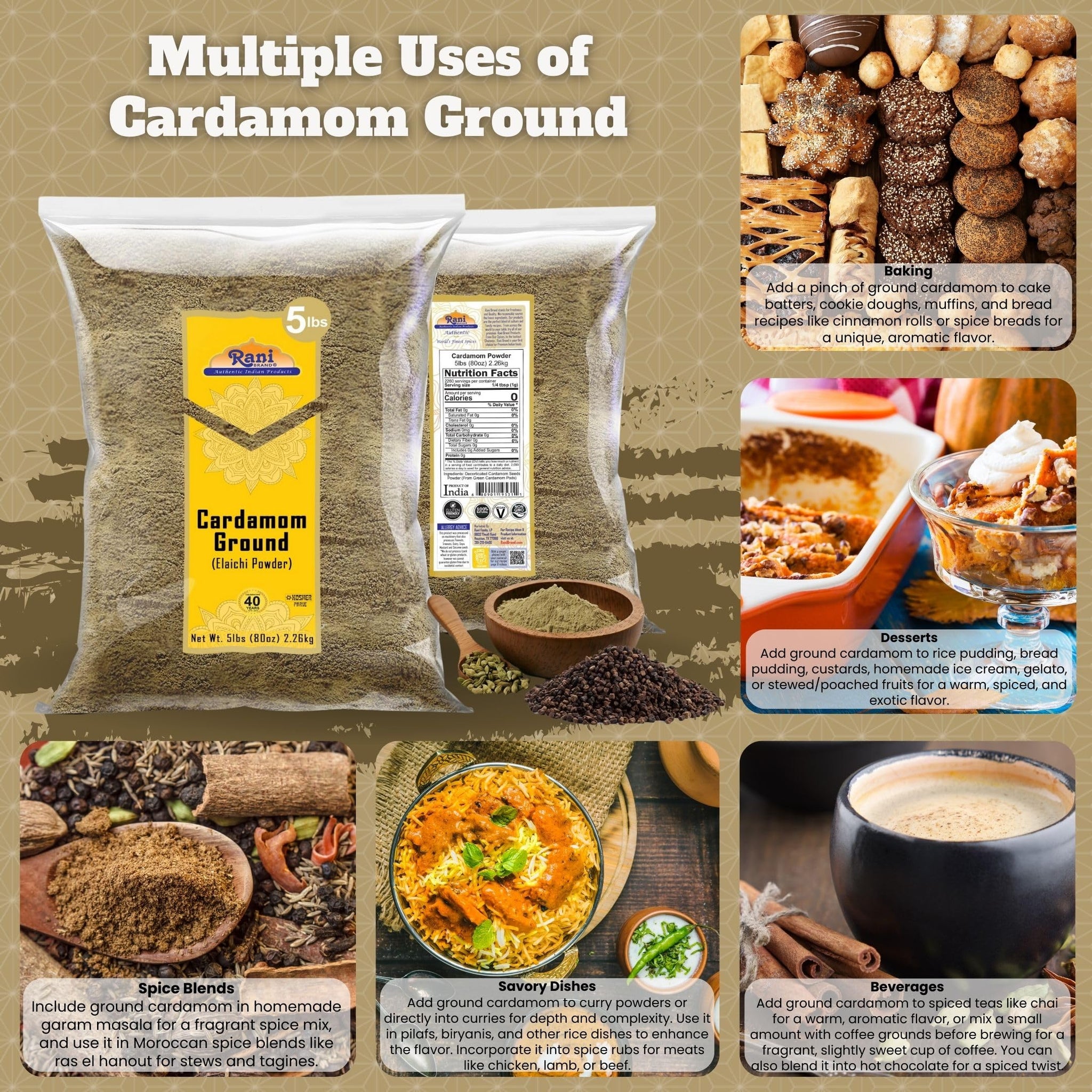 Rani Cardamom (Elachi) Ground, Powder Indian Spice 80oz (5lbs) 2.27kg Bulk ~ All Natural | No Color Added | Gluten Friendly | Vegan | NON-GMO | Kosher