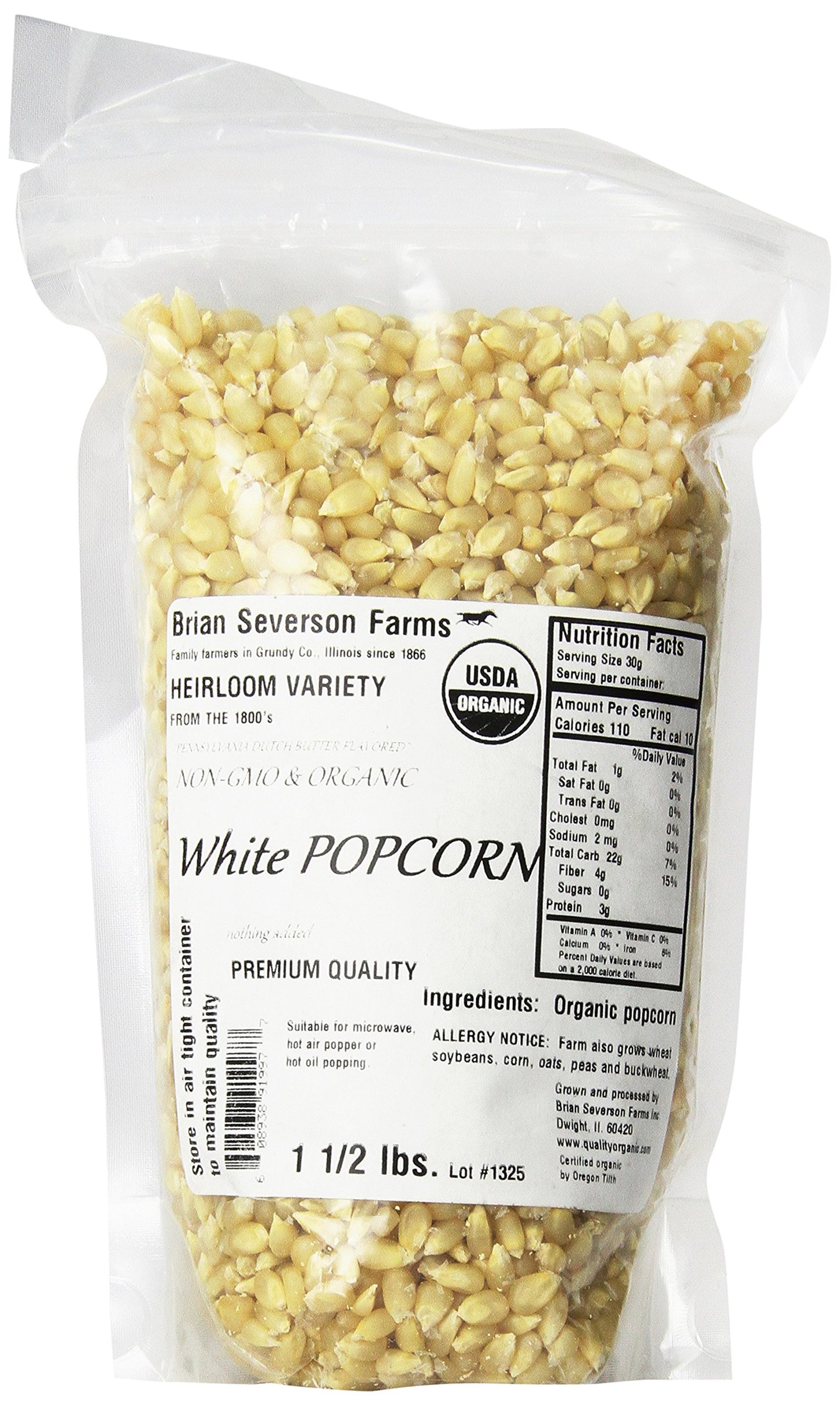 Organic White Popcorn, Heirloom variety, Penn. Dutch Butter Flavored, non-GMO, Farmer Direct, 1 1/2 lbs.